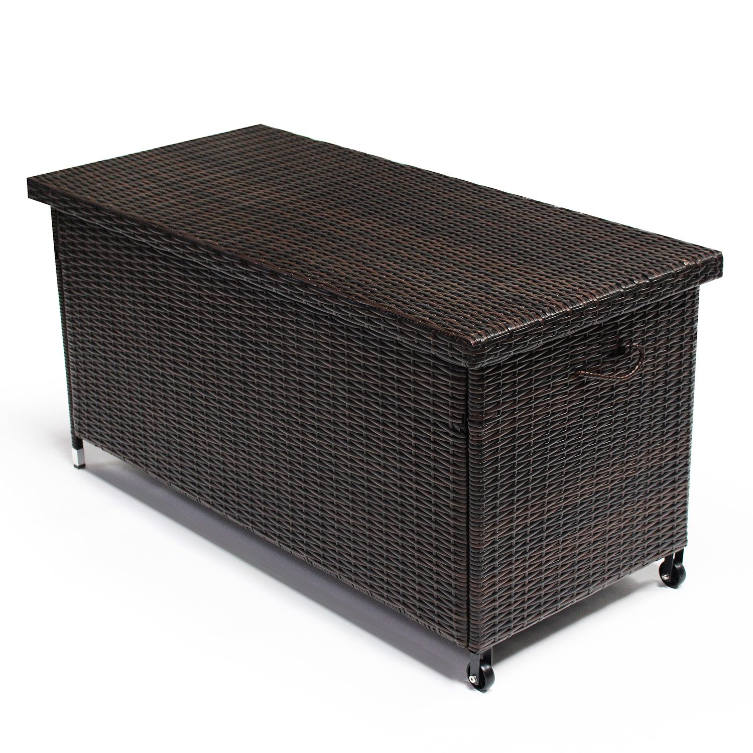 DM-Handel Kissenbox Poly Rattan Kissenbox 121x56x60cm Aufbewahrungsbox (mit Räder, Gartenbox Gartentruhe Grau, Braun, Beige Neu), Leichte Handhabung, Platzsparend