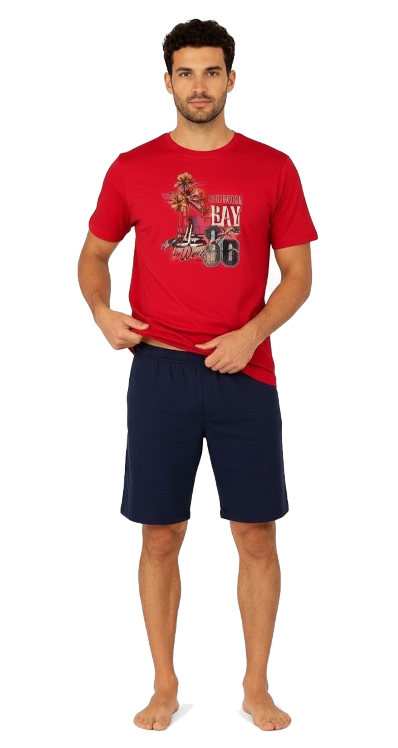 Moonline Shorty Kurzer Herren Schlafanzug Pyjama Nachtwäsche Kurzarm 100% Baumwolle (2 tlg) atmungsaktiv – Bild 3 von 5