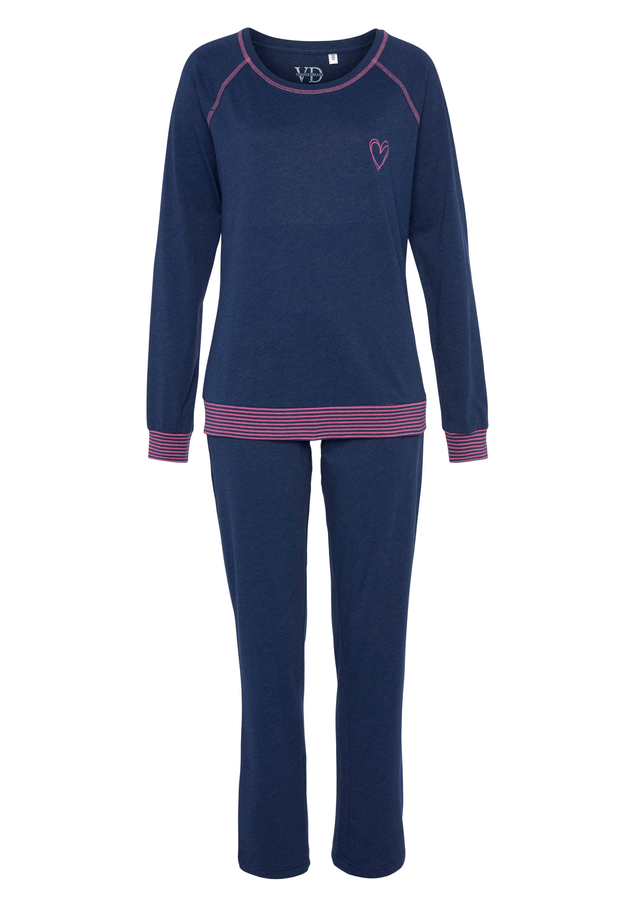 Vivance Dreams in (2 dekorativen Pyjama mit tlg) jeansblau/neon-pink Flatlock-Nähten Neonfarben