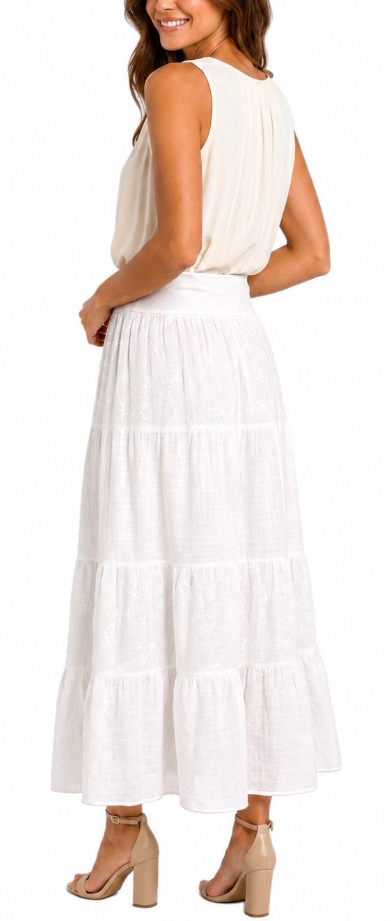 dy_mode Maxirock Damen Maxirock Luftiger Stufenrock Langer Baumwollrock Sommerrock in Unifarbe, mit Gummibund, Blumenstickerei