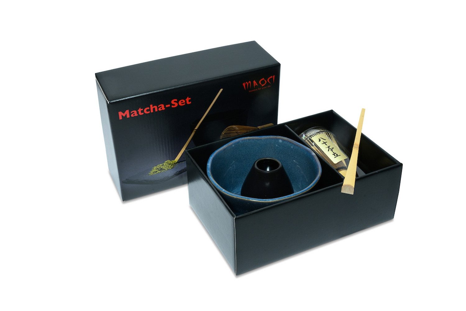 MAOCI teaware for your life Teeschale Matchaset Prem. Schale jeansblau helle Tupfen Besen Löffel Besenhalter, 1-tlg., 4-tlg. Set im Geschenkkarton
