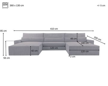 MOEBLO Wohnlandschaft DENVER U, Eckcouch aus Cordstoff Ecksofa U-Form Cord Sofa Couch Polsterecke U-Sofa - 410x85x200cm, mit Bettkasten und Schlaffunktion