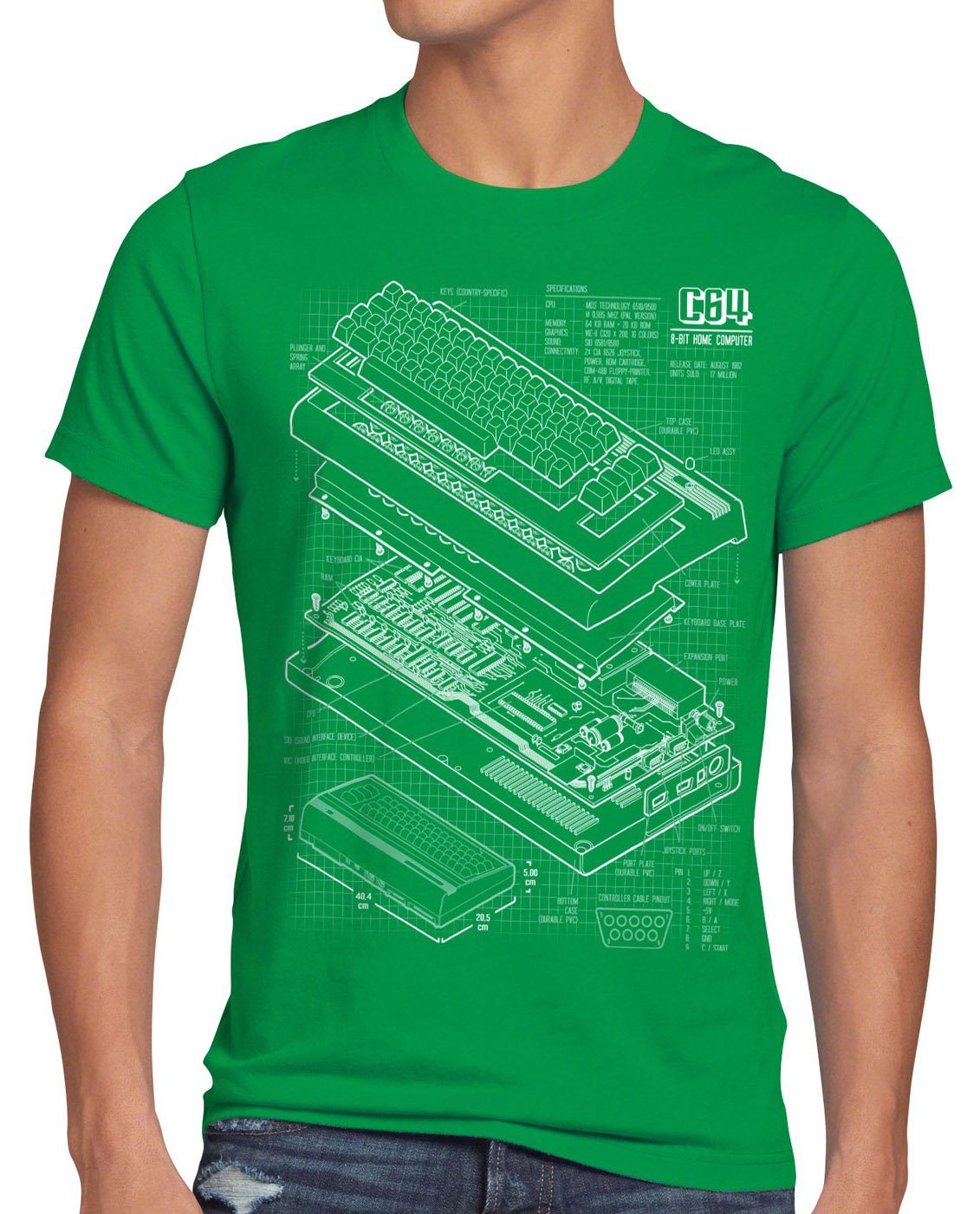 style3 Print-Shirt Herren T-Shirt C64 Heimcomputer Blaupause classic gamer grün
