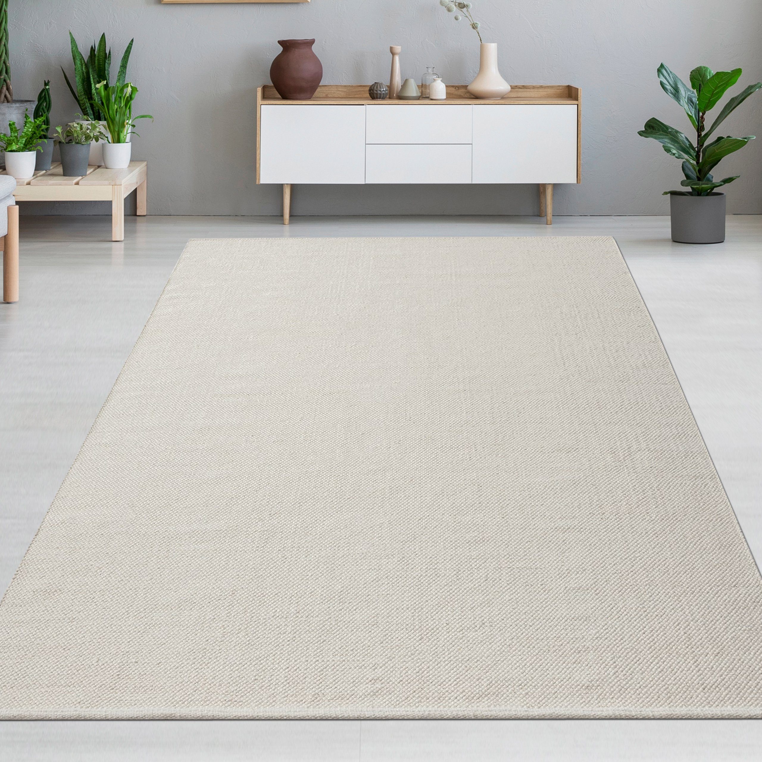 Carpetia Wollteppich Moderner handgewebter Uni Wollteppich in Creme, rechteckig, Höhe: 6 mm, zeitlos & elegant