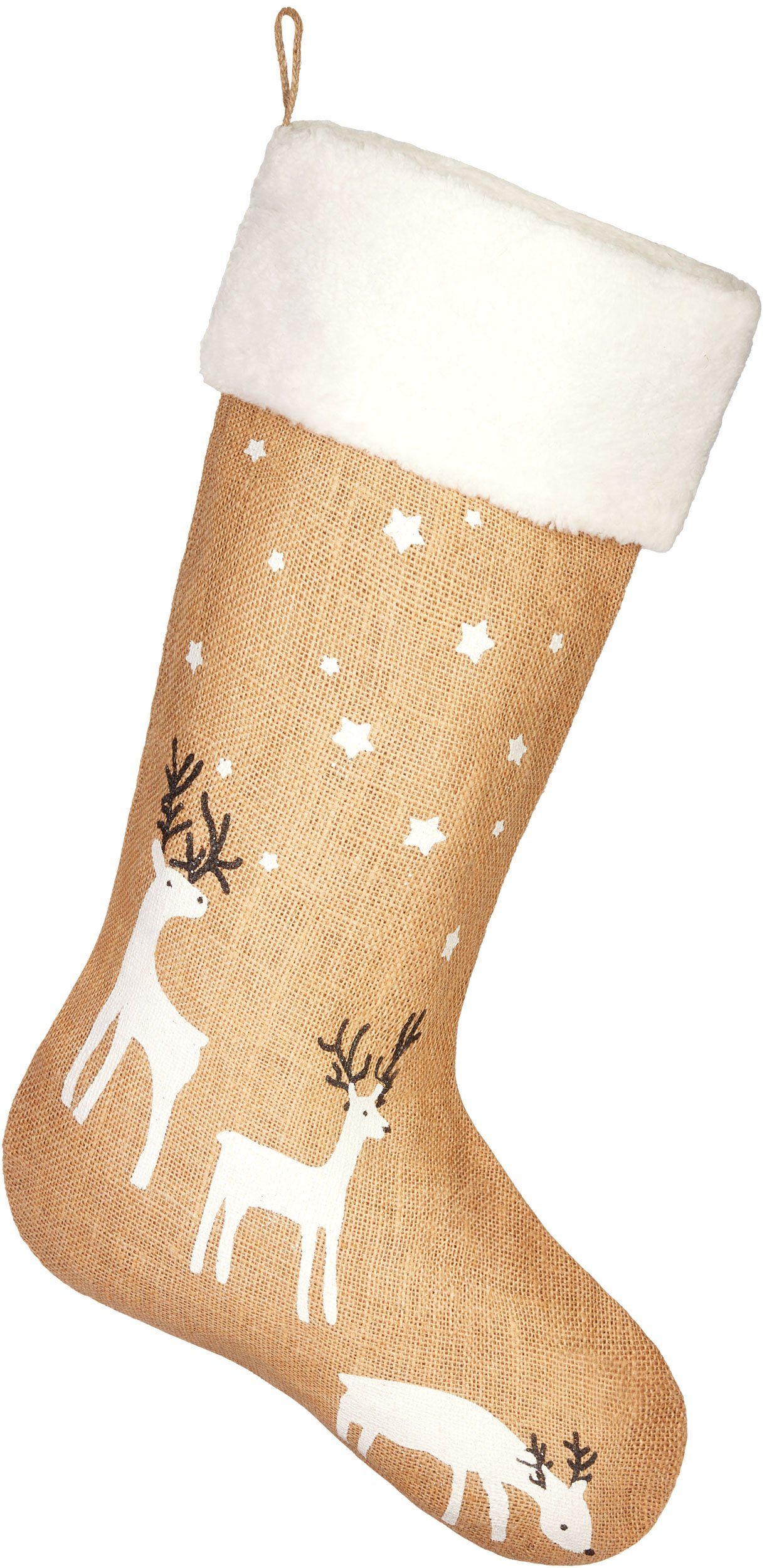 BRUBAKER Сапоги санты Weihnachtsstrumpf zum Befüllen und Aufhängen - 52 cm Nikolausstrumpf (Rentiere Sterne Weiß, 1 St., Weihnachtsdeko Strümpfe Weihnachtssocke aus Jute), große Socke/Stiefel für Weihnachten und Nikolaus
