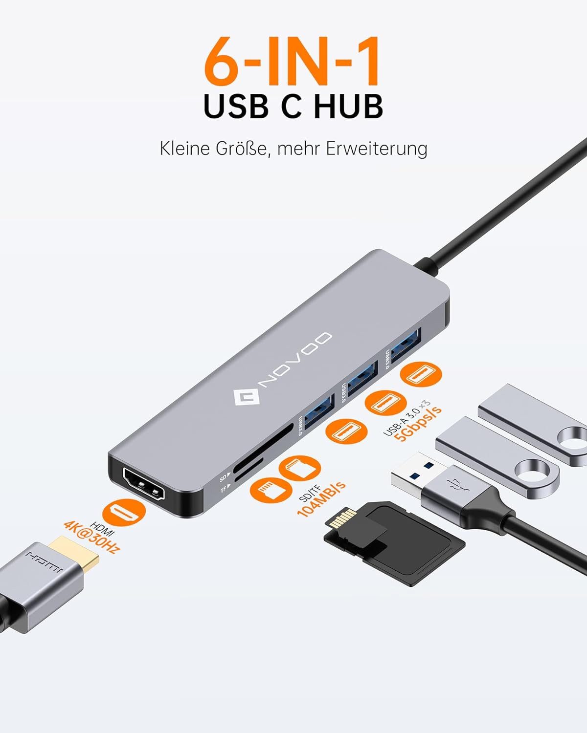 NOVOO USB-C Hub USB-Adapter USB-C zu USB-A 3.0, HDMI, SD/TF Kartenleser, kompakt, MacOS-Kompatibilität, hohe Qualität und Sicherheit