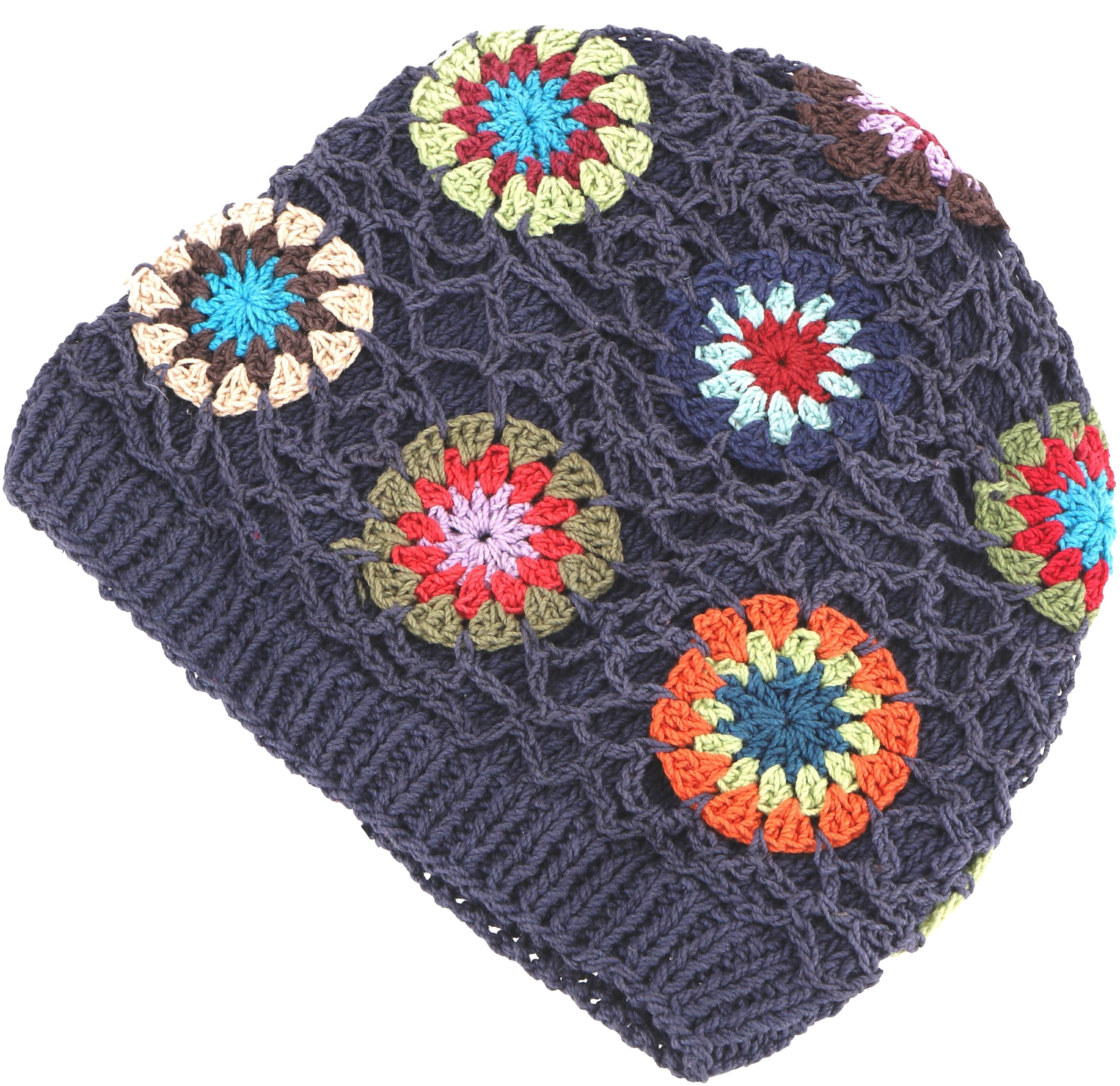 Guru-Shop Strickmütze Bunte Beanie, Baumwoll-Häkelmütze Granny squere..