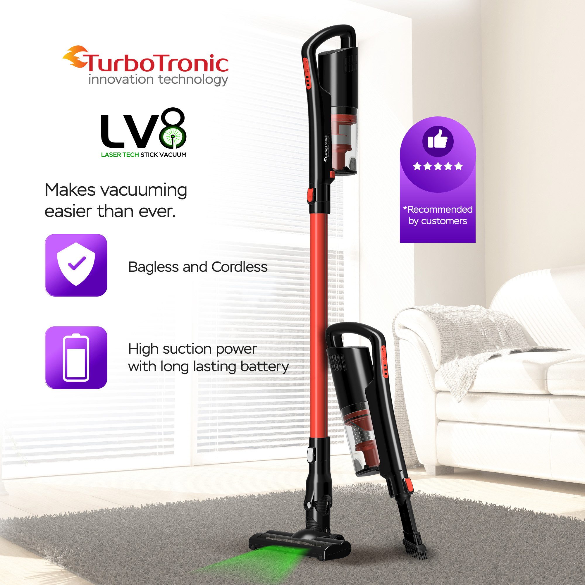 TurboTronic by Z-Line Akku-Hand-und Stielstaubsauger 120 Watt 11 kpA mit LASER-LED für Tiefenreinigung kabellos, beutellos, 120 W, beutellos, leise < 80 db, Bodensauger für Teppich & Hartboden, Stabstaubsauger