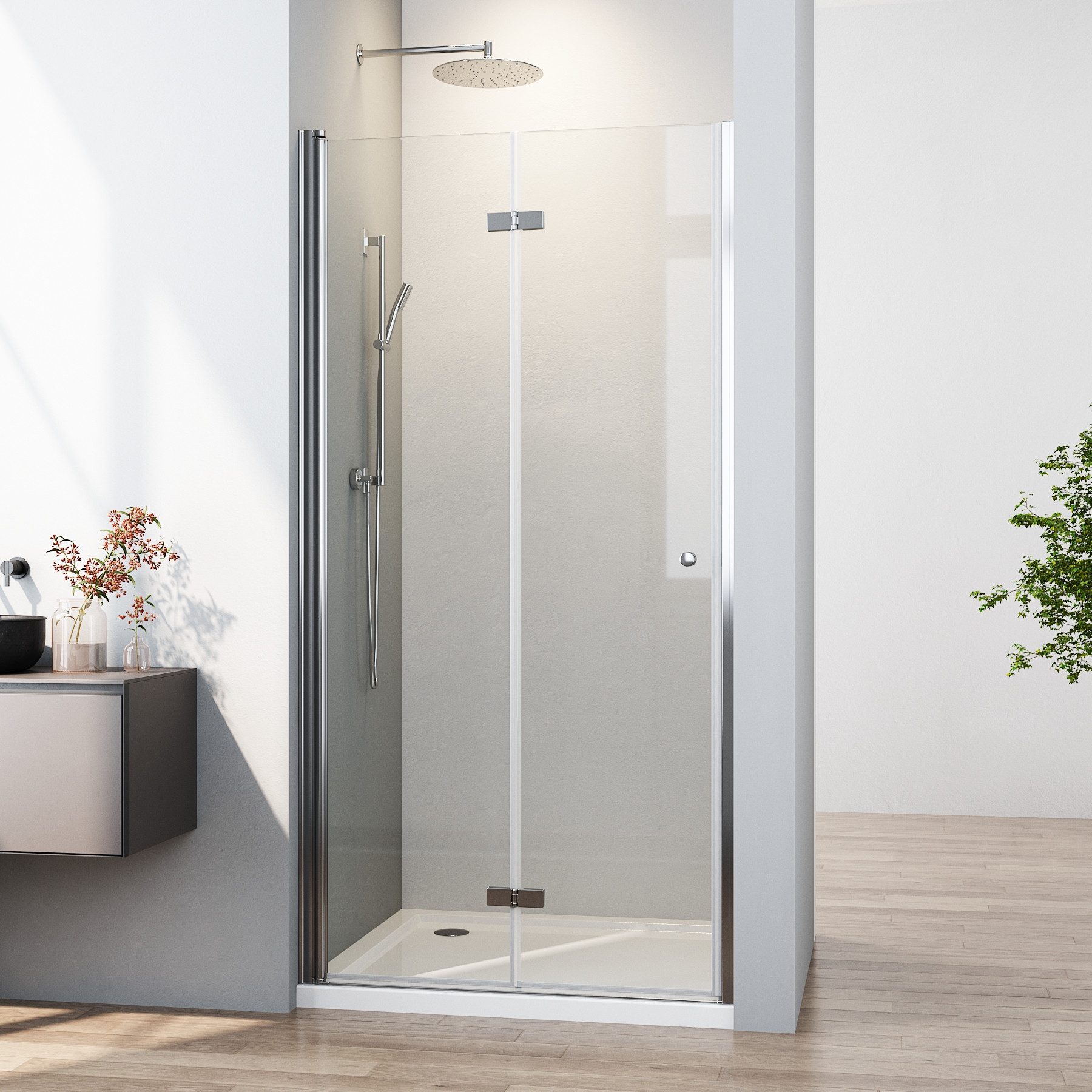 GOEZES Dusch-Falttür Duschtür Nische Nischentür für Duschkabine Pendeltür Duschwand faltbar, 75x185 cm, Sicherheitsglas, Alusprofile, Magnetdichtleisten, (Glastür, 180º faltbar Drehfalttür) mit Hebe-/Senkfunktion, links und rechts montierbar