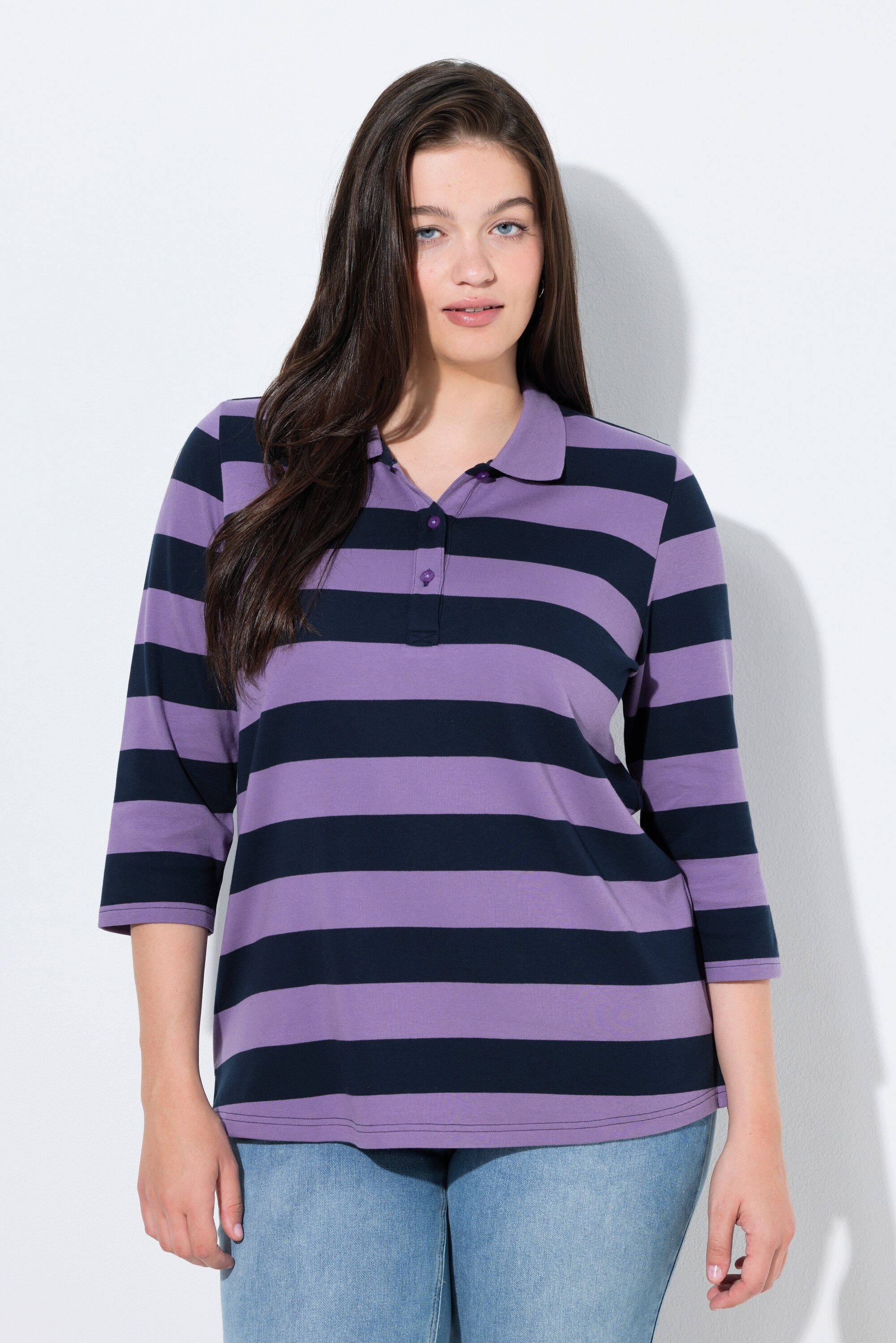 Ulla Popken Sweatshirt Polo-Sweatshirt Streifen 3/4-Arm Biobaumwolle günstig online kaufen