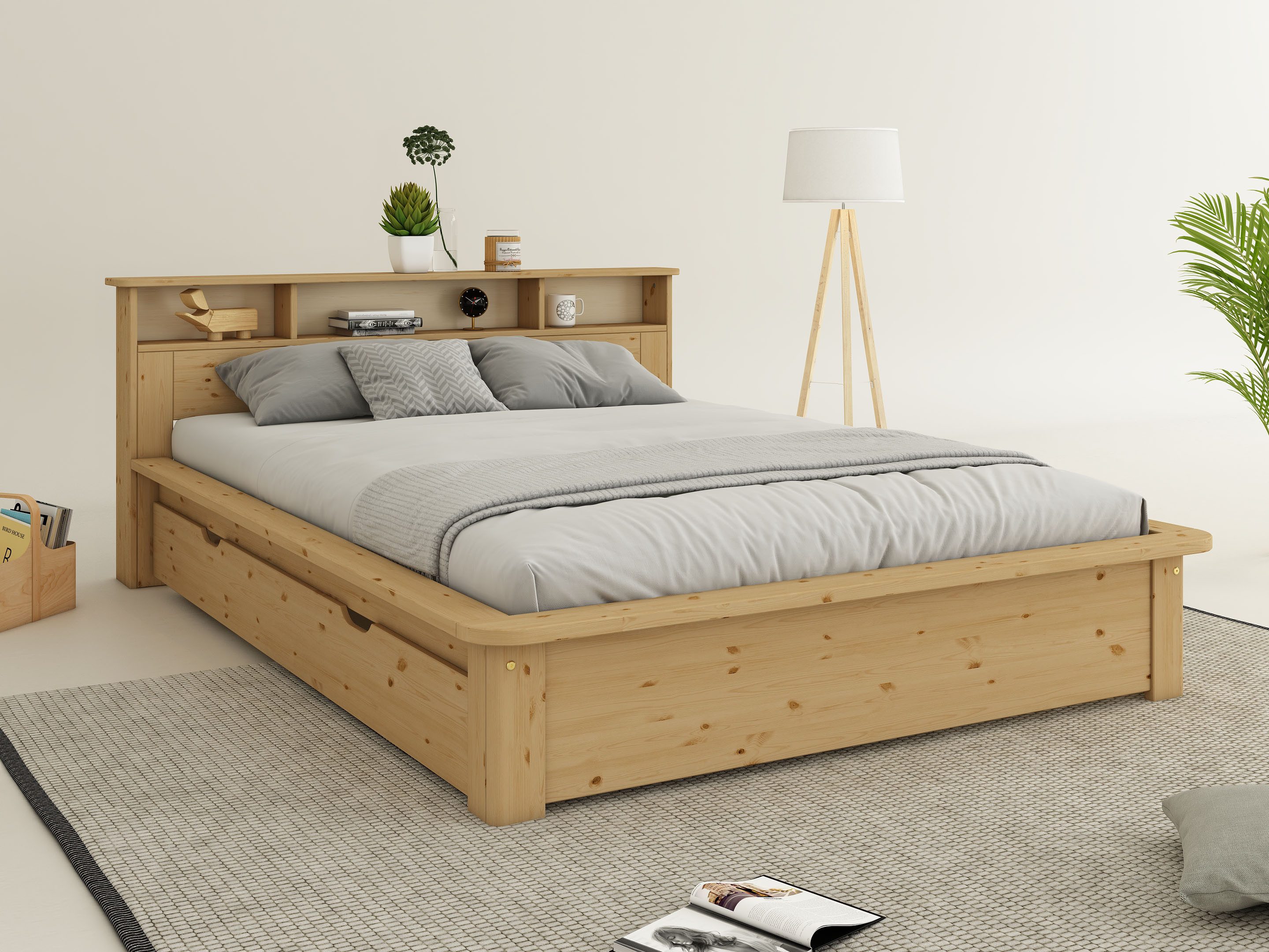 Home affaire Massivholzbett "KERO" BESTSELLER! Stauraum im Kopfteil, zertifiziertes Massivholz (Kiefer), optional mit Schublade