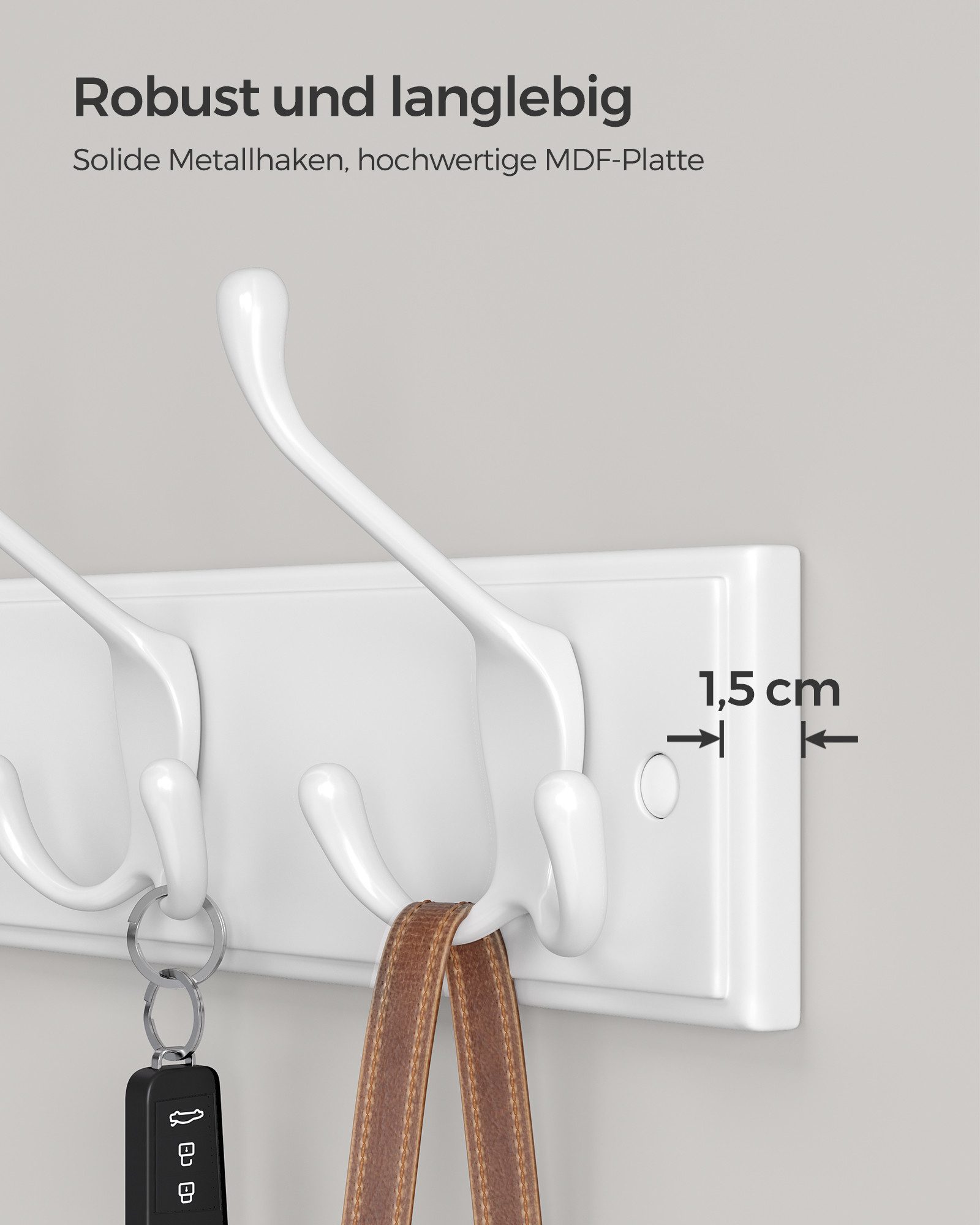 SONGMICS Wandgarderobe Garderobenleiste, Hakenleiste für Kleidung, Taschen, vormontiert, weiß (1er Set), 4 Dreifach-Kleiderhaken, 40 x 11 x 7 cm (L x B x H)