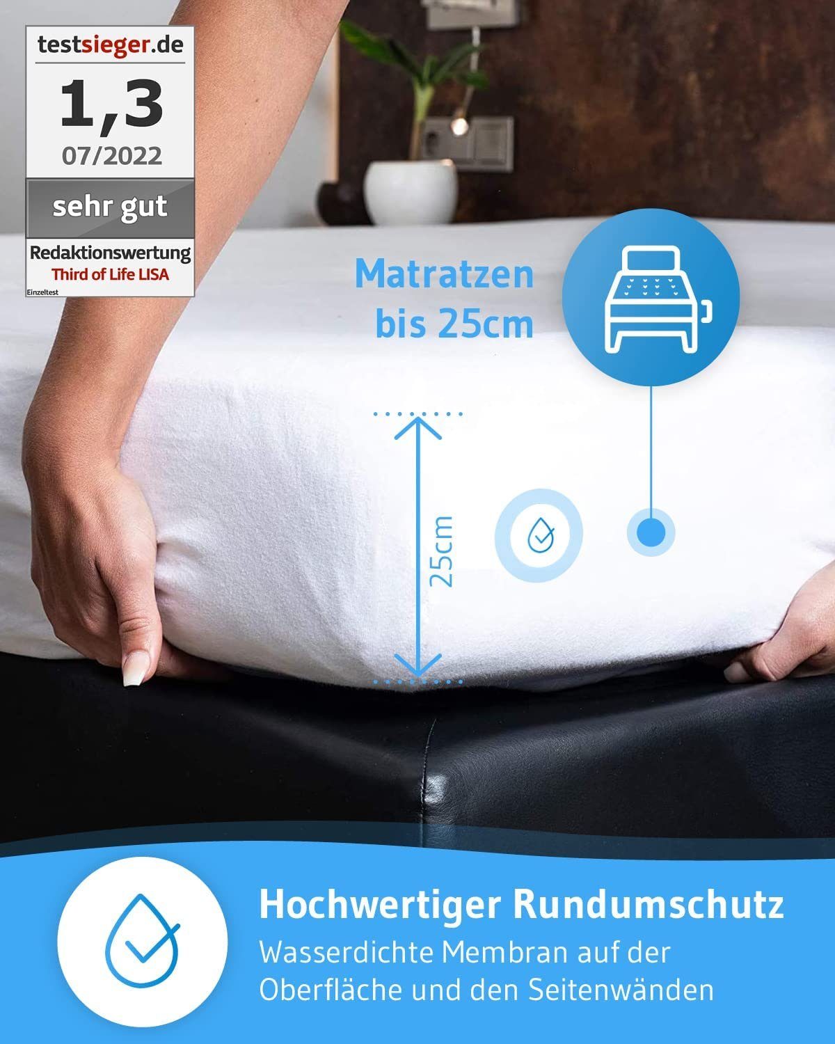 Matratzenschoner Atmungsaktive Matratzenauflage LISA Third of Life, 100% Wasserdichter Matratzenschutz, Matratzen-Topper mit Seitenwänden – Bild 2 von 5