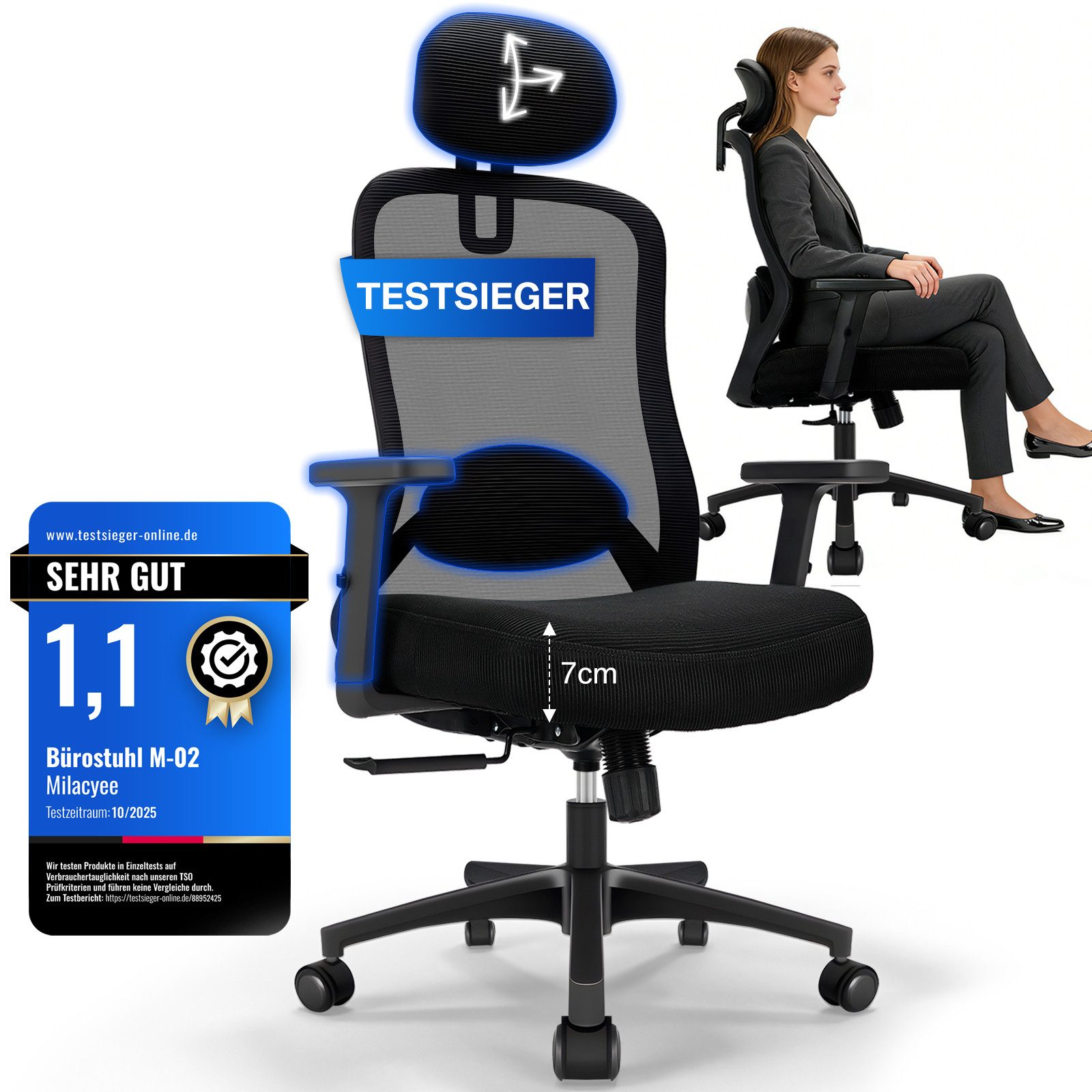 Milacyee Bürostuhl Chefsessel Wippfunktion 200kg belastbar ergonomisch,Bürostuhl (Verstellbare und feststellbare Lendenstütze + Kopfstütze + höhenverstellbare Armlehnen), maximale Neigung bis 130°.