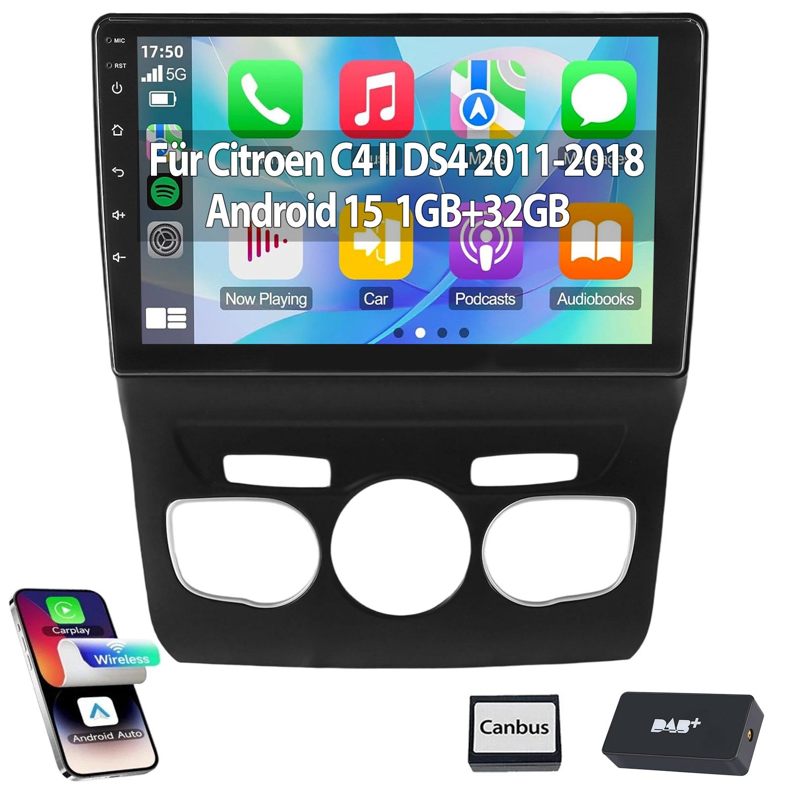 ESSGOO Carplay Für Citroen C4 II DS4 2011-2018 Android 15 Autoradio GPS Navi Autoradio (Digitalradio (DAB), 4+64GB(optional), RDS, AM, FM, Carplay Android Auto Bluetooth EQ USB GPS Navi WIFI Touchscreen)