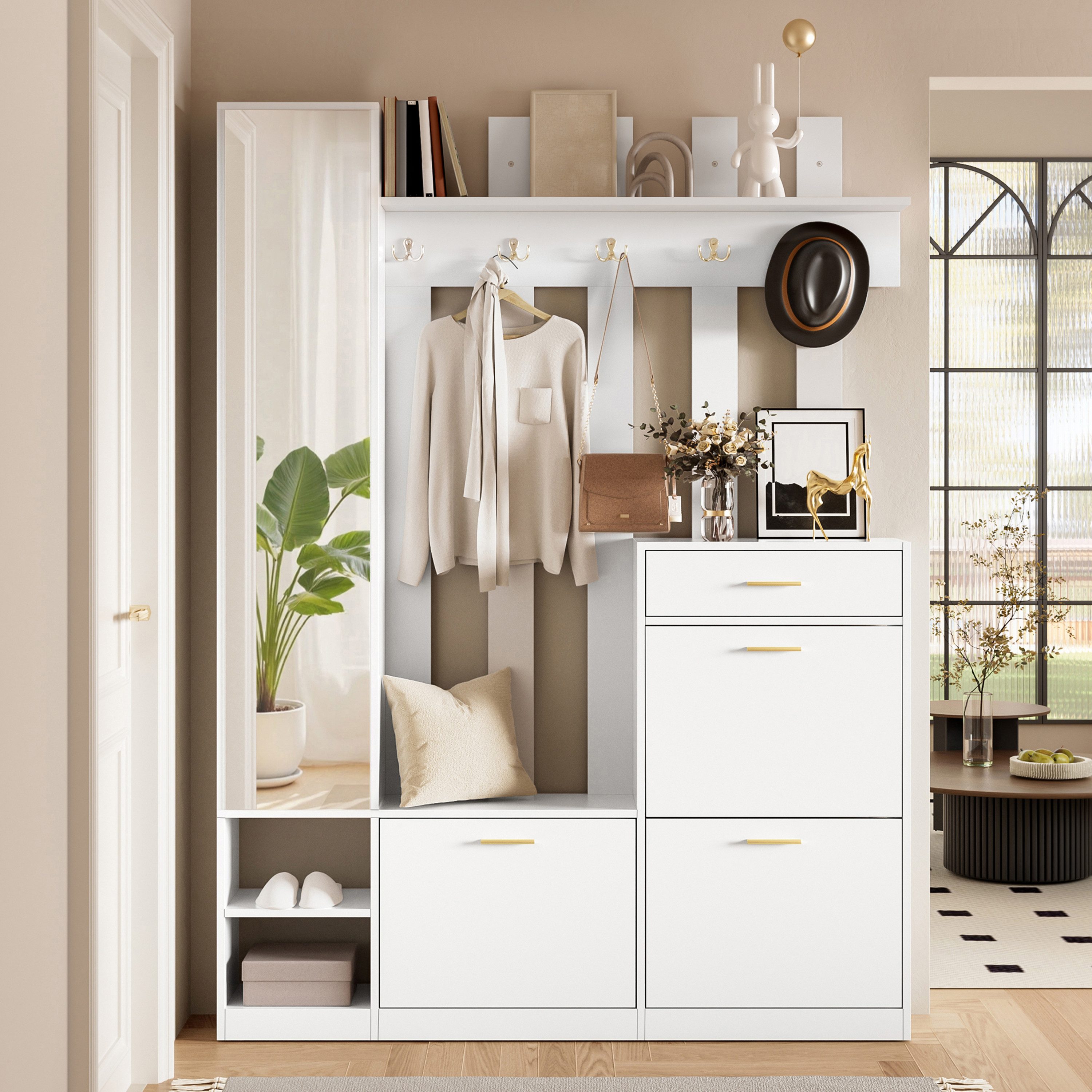 Refined Living Garderoben-Set Schmale Garderobe mit Spiegel, 3 Schuhkippern & Haken, Weiß, (B133×T23,5×H180 cm, Garderoben-Set, Schuhkipper, Spiegel, Schublade, viele Haken, platzsparend, 1-St., extra schmal, All-in-One Möbel, viel Stauraum, modern, Weiß), für Flur, Diele, Korridor, kleine Wohnungen