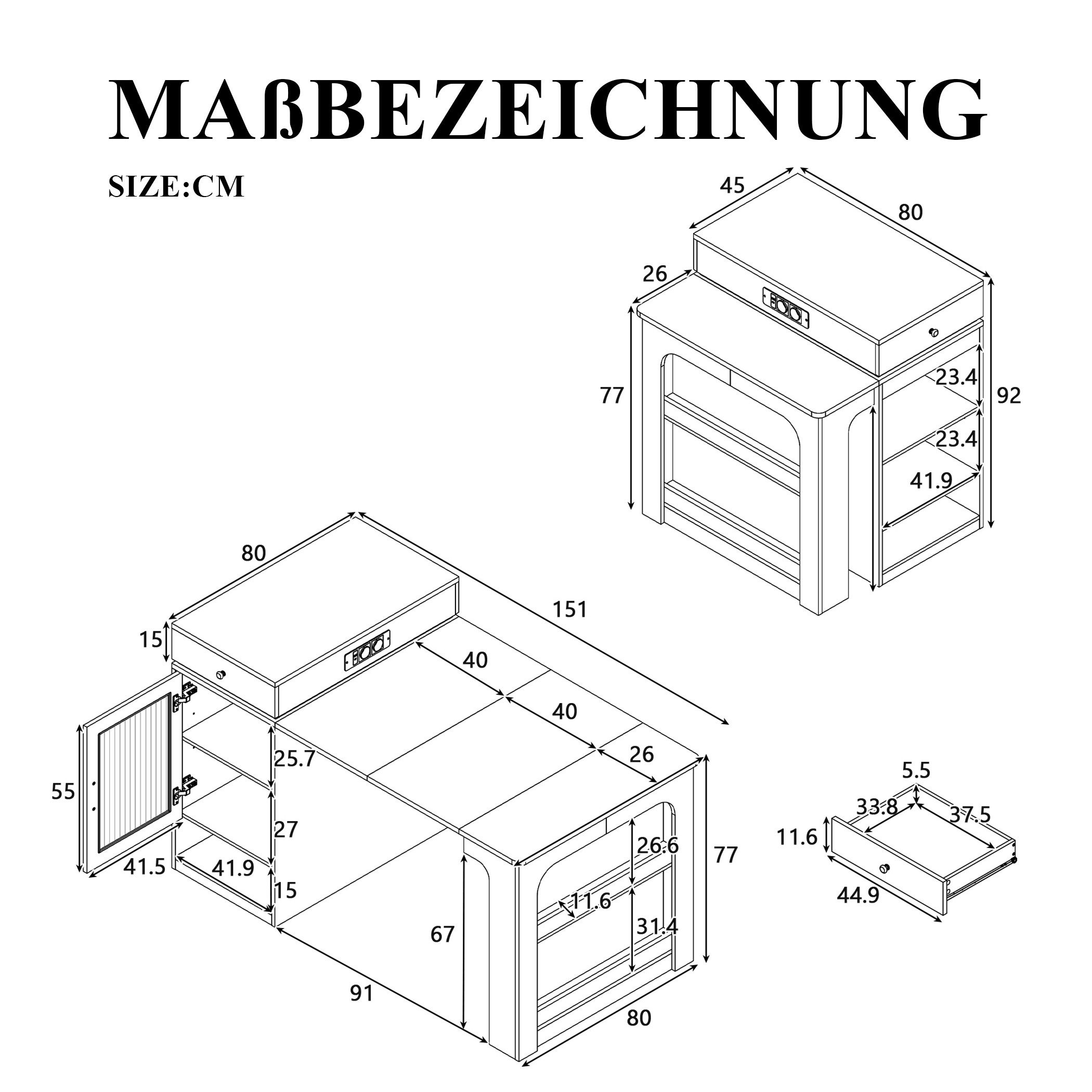 SeedWave Kücheninsel Allzweck Küchenschrank mit Ausziebarem Esstisch, Ladefunktion, 2 Schubladen, Ablagefächer mit höhenverstellbare Einlegeböden
