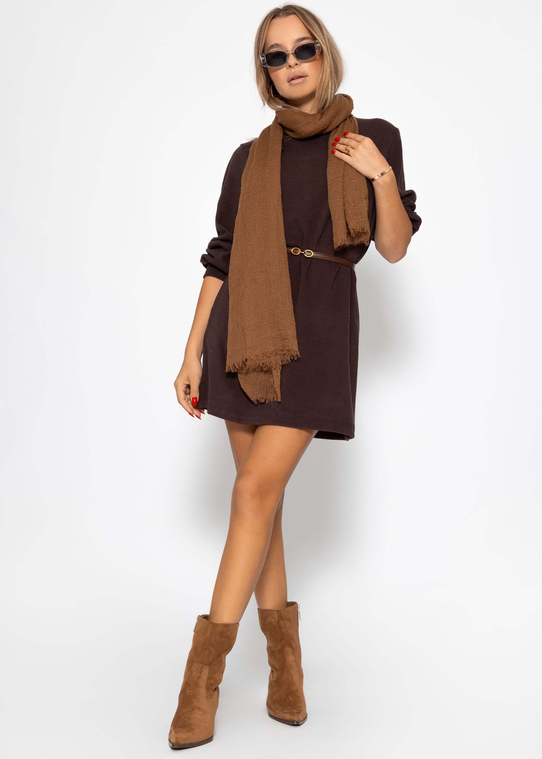 SASSYCLASSY Midikleid Sweatkleid mit Stehkragen für Damen Lässiges Kleid im Oversized Fit Braun Schwarz Beige Grau Dunkelblau