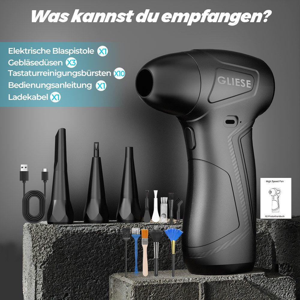 Rhein Beleuchtung Akku-Gebläse Elektrischer Druckluftreiniger 100000 U/min mit 5000mAh Akku, (Set, 16 St., Für PC, Tastatur, Auto, Kamera & Elektronik mit 3 Düsen), Bürstenloser Motor, stufenlos regelbar, wiederaufladbar