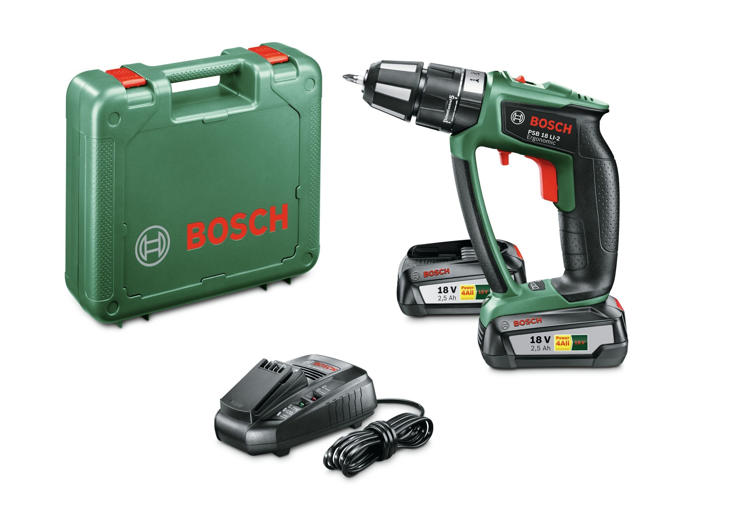 Kunststoffkoffer & / 2 x 18 Ergonomic Ah 2,5 Bosch mit LI-2, V, im - Akku PSB 18 Garden Akku-Schlagbohrschrauber Home