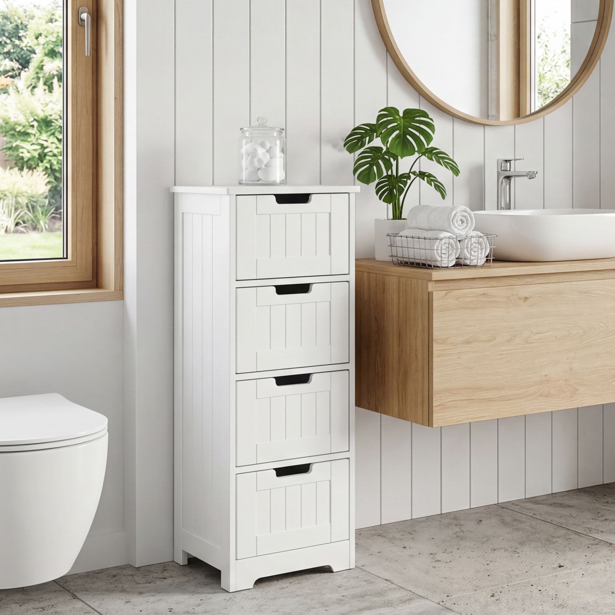 FINEBUY Midischrank FB45837 Badschrank Landhaus Badezimmerschrank Holz weiß Schubladen (Badschrank Landhaus-Stil MDF-Holz 30x83x30 cm Weiß) Moderner Badezimmerschrank klein mit praktischen Schubladen