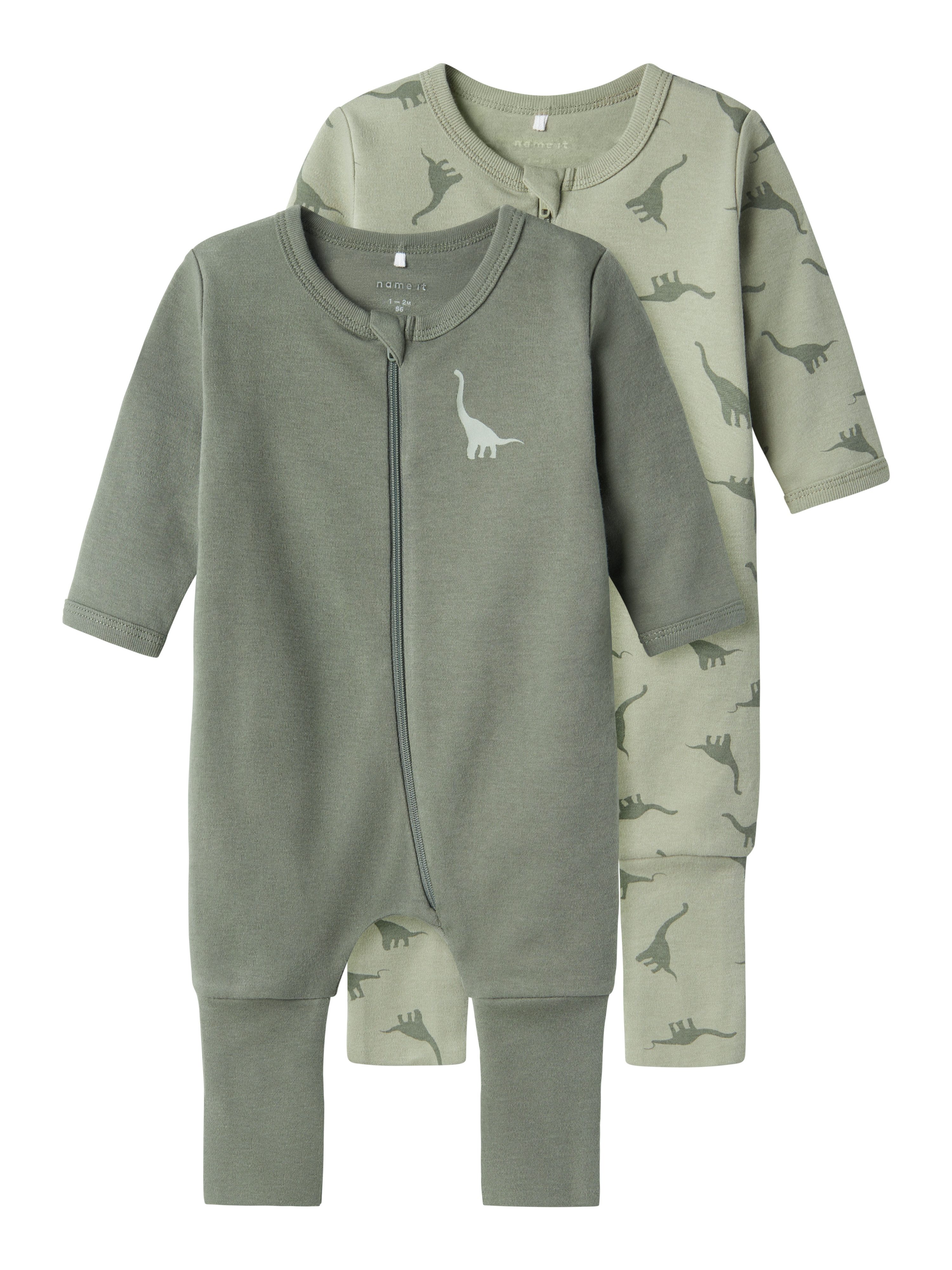 Name It Schlafanzug NBMNIGHTSUIT 2P ZIP FF GREEN DINO (Packung, 2 tlg) aus Baumwolle, normale Passform, mit Reißverschluss und Kinnschutz