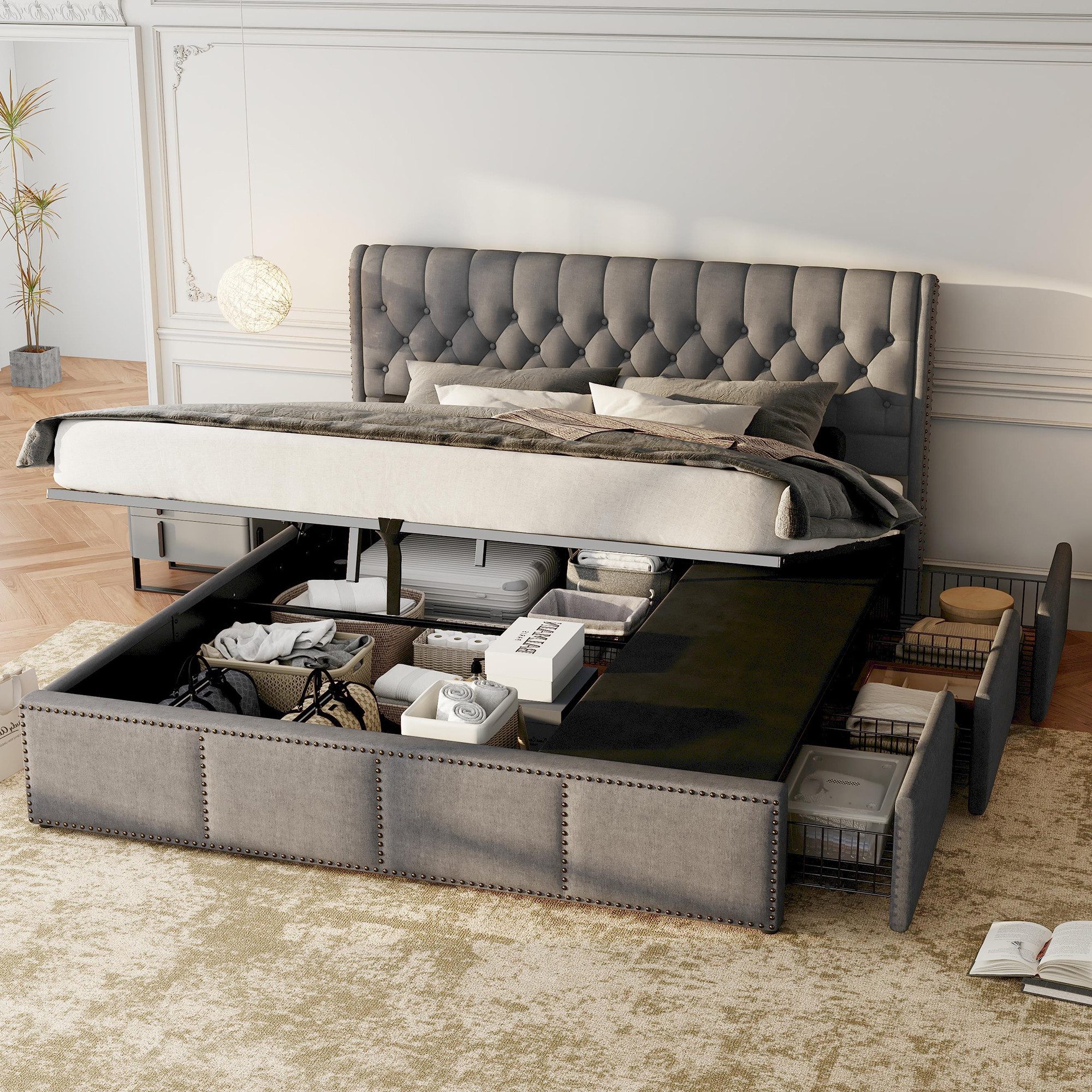 Flieks Polsterbett, Hydraulisches Stauraumbett Doppelbett 160x200cm mit 3 Schubladen