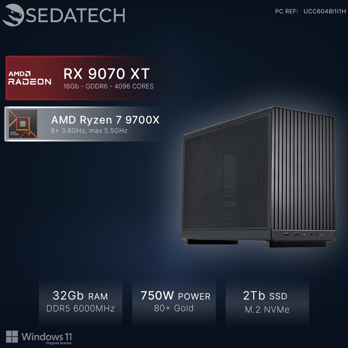 Sedatech UCC6048I1I1HF - Workstation Mini-PC (AMD Ryzen 7 9700X 8x 3.8GHz (max 5.5GHz), Radeon RX 9070 XT 16GB, 32 GB RAM, 2000 GB SSD, Wlan 6E)