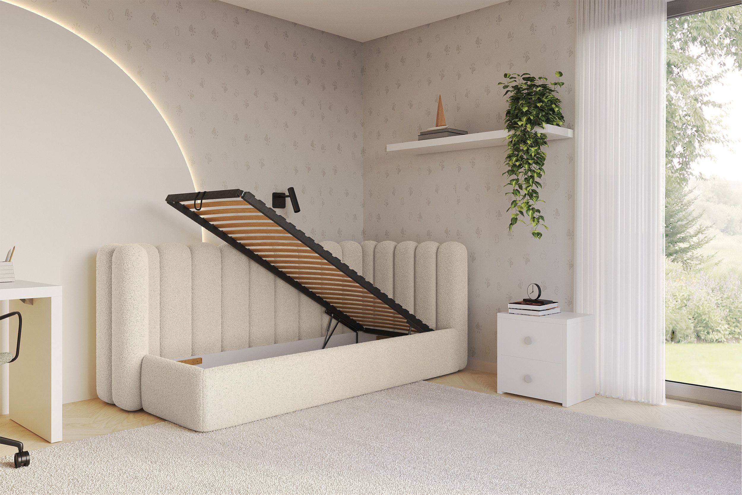 ALTDECOR Jugendbett HUGY (Jugendbett mit Bettkasten und Lattenrost, Polsterbett ohne Matratze), Einzelbett mit Stauraum, Bett mit Kopfteil