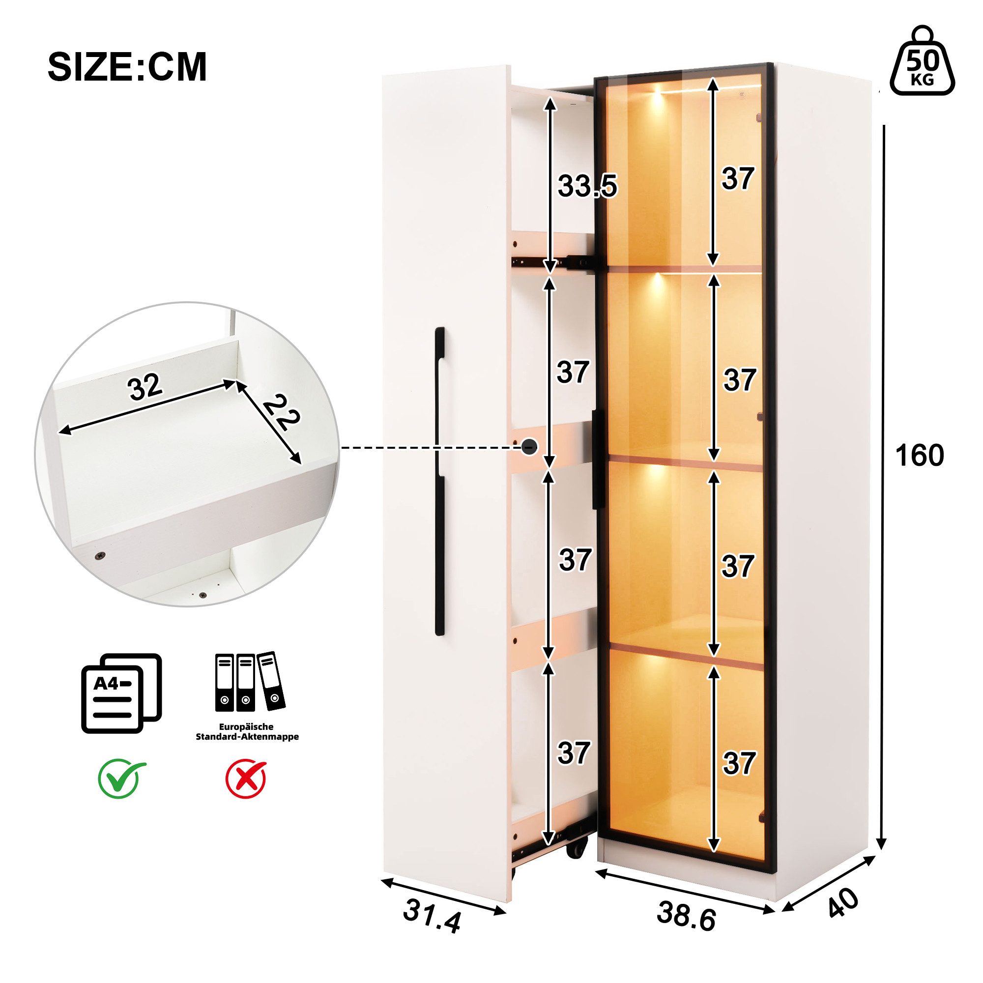 Flieks Glasvitrine mit Rollen und LED-Beleuchtung Hochschrank (1-St., B70/T40/H160 cm) Bücherregal Standvitrine Sammelvitrine mit Schublade & Glastür – Bild 5 von 5