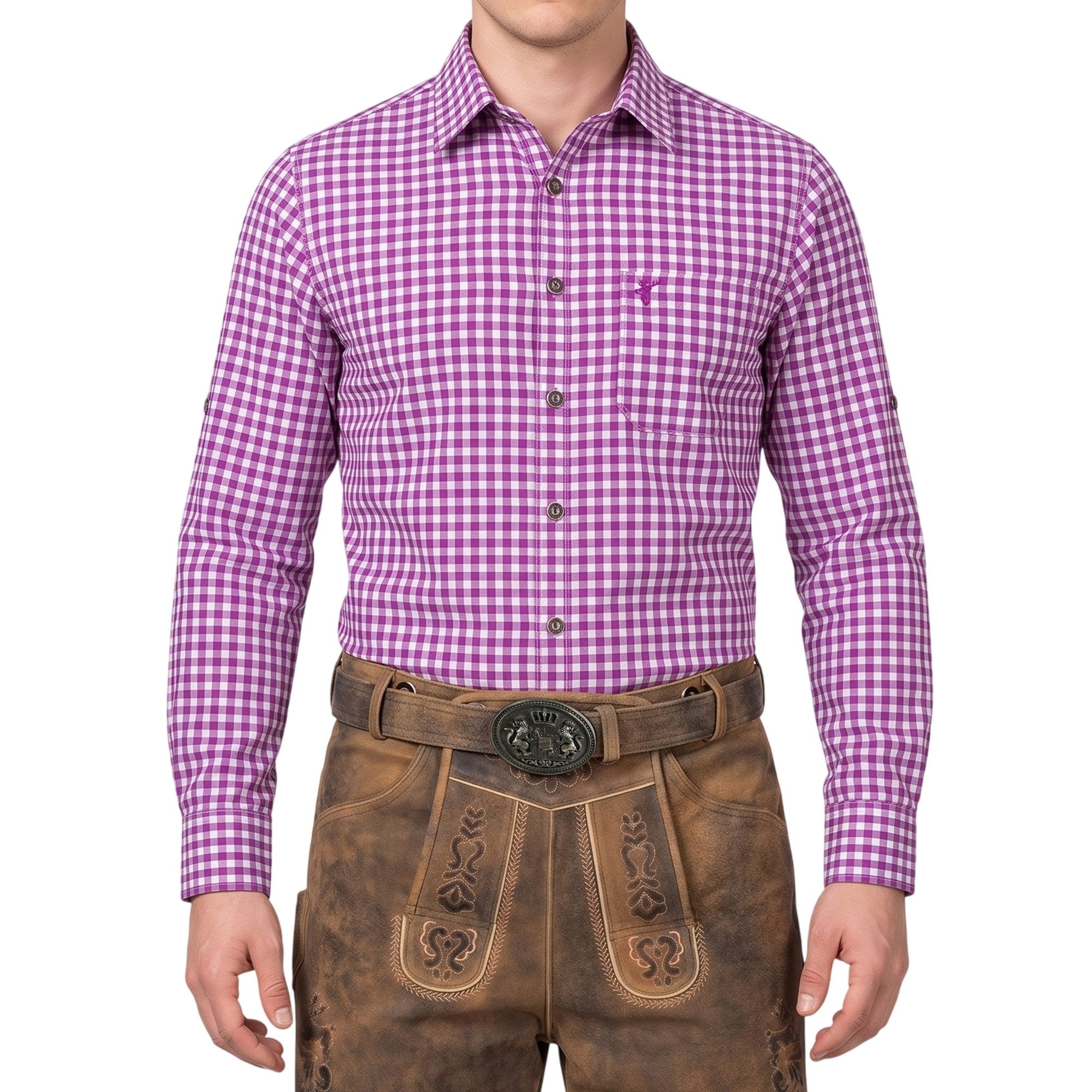 German Wear Trachtenhemd GW1210 Karo Trachtenhemd für Trachtenlederhosen in lila