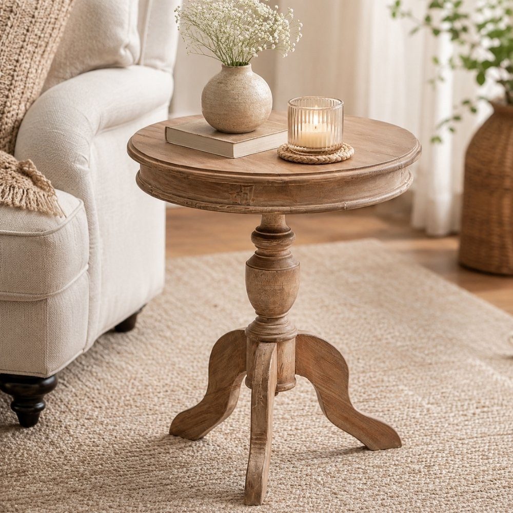 LebensWohnArt Beistelltisch Romantischer Beistelltisch TIGA D50cm Antik-Natural Massivholz