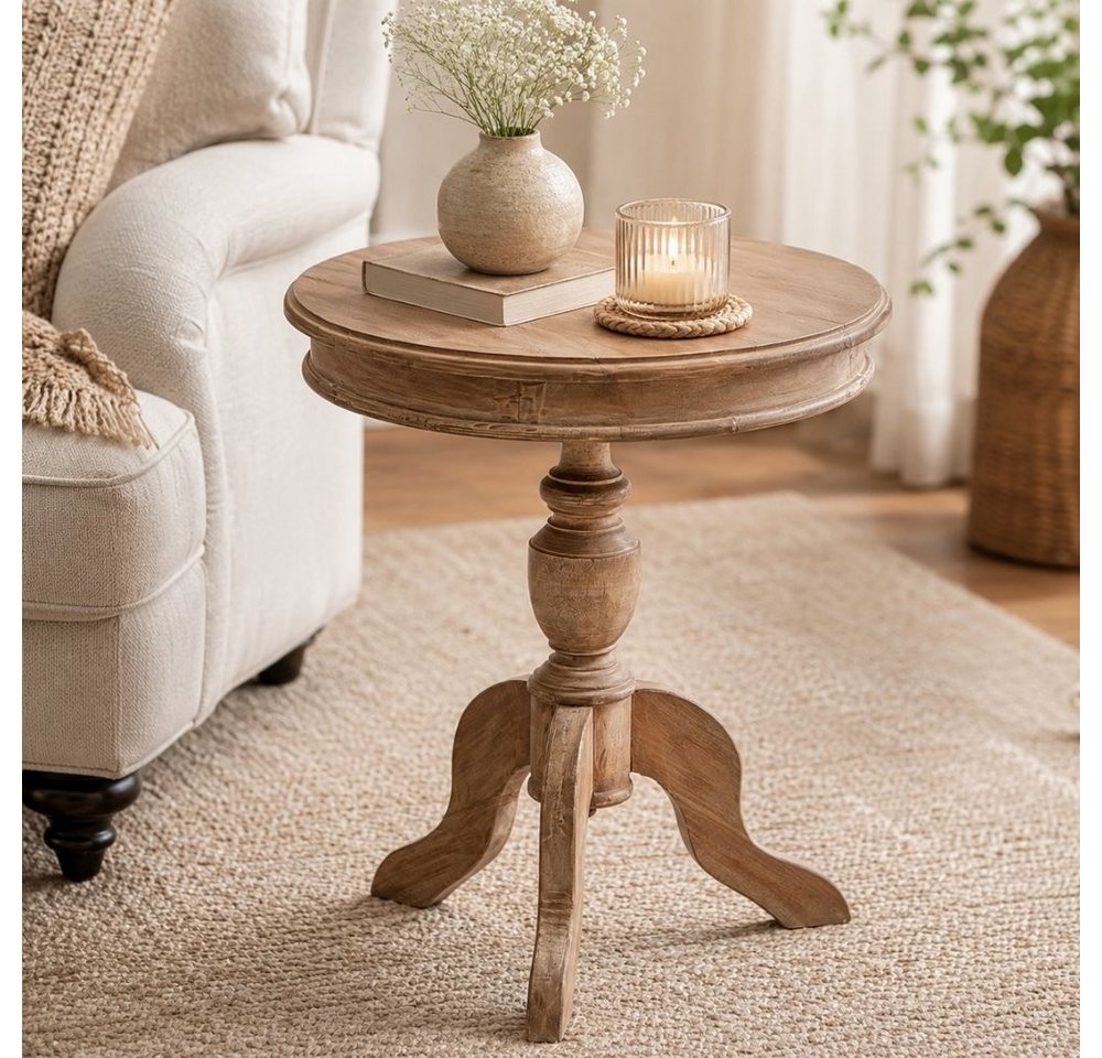 LebensWohnArt Beistelltisch Romantischer Beistelltisch TIGA D50cm Antik-Natural Massivholz