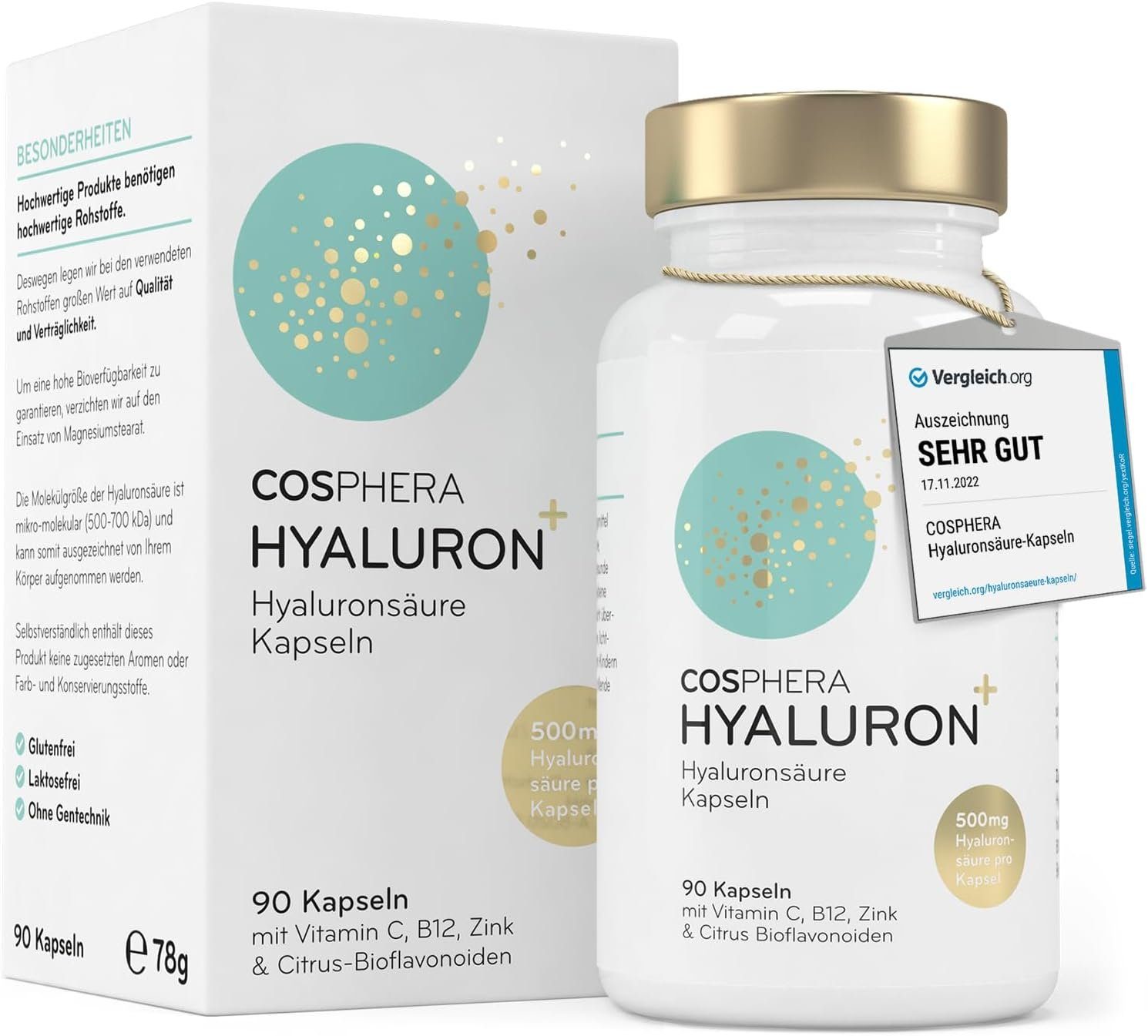 Cosphera Hyaluron Kapseln hochdosiert mit 500 mg pro Kapsel Eine Kapsel täglich mit ausreichend Flüssigkeit einnehmen.