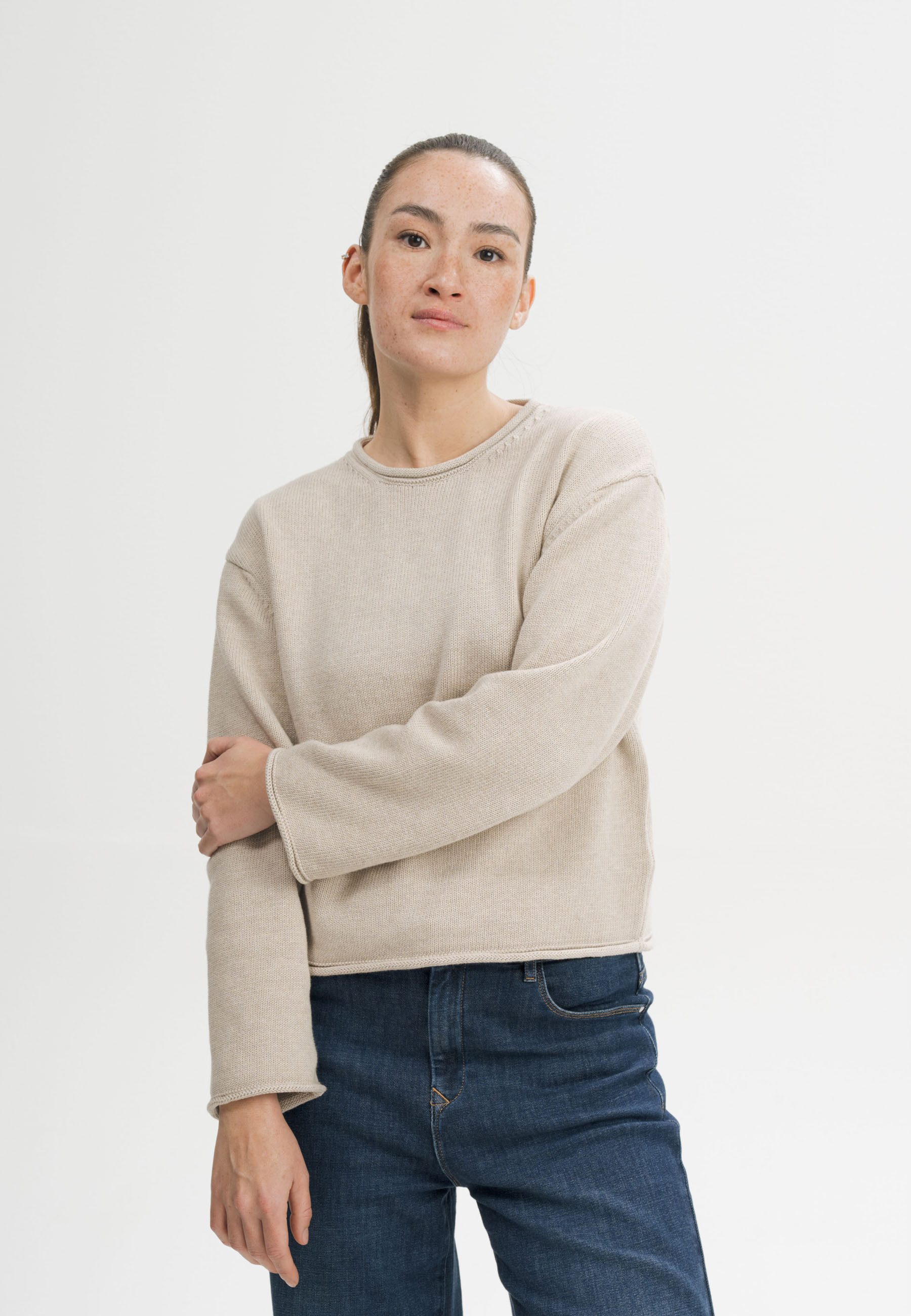 MELA Strickpullover Rollsaum Strickpullover Style GEETHA Gerollter Kragen, Saum und gerollte Bündchen