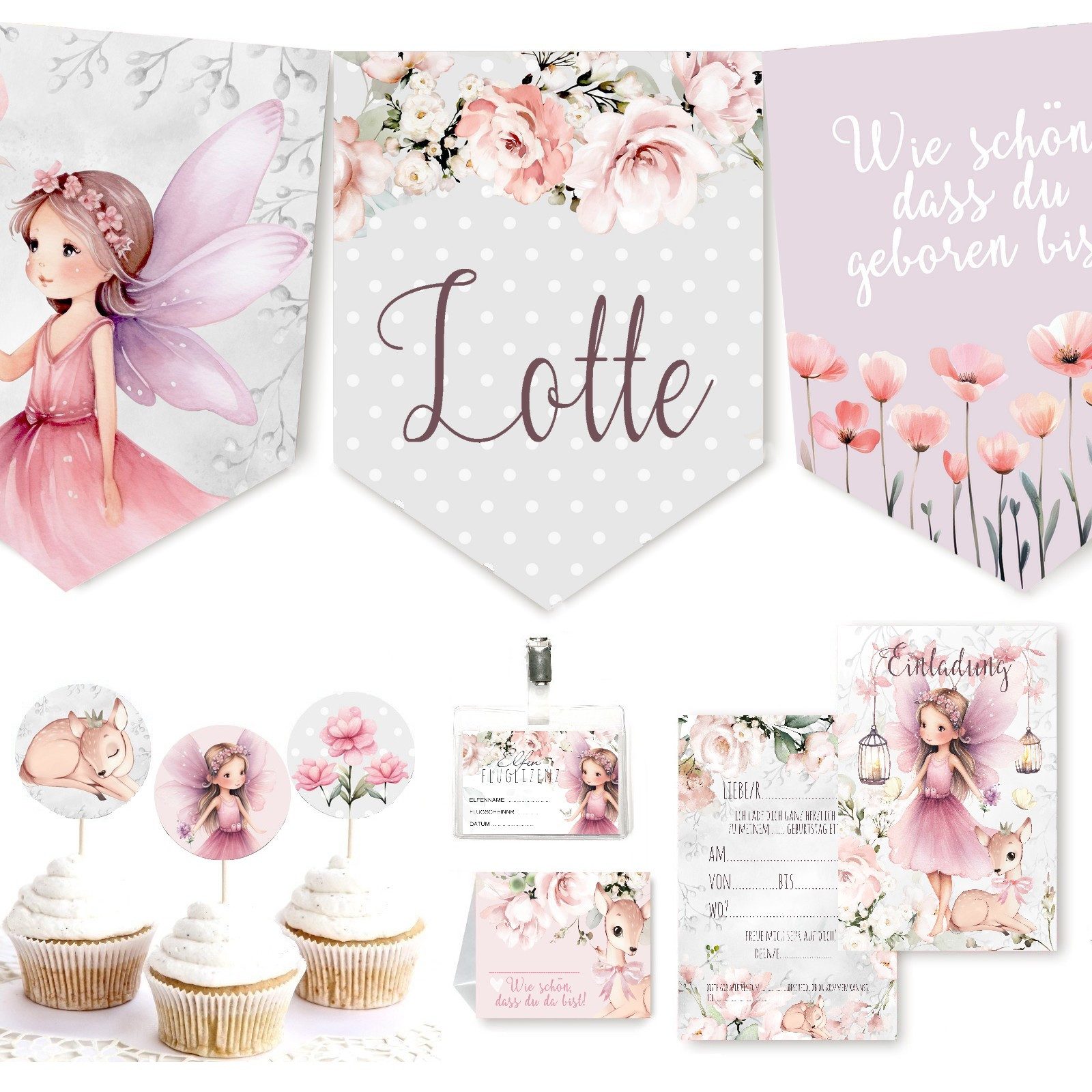 homestyle-accessoires Papierdekoration Kindergeburtstag Party 10erSet ELFEN Wimpelkette Einladungen, Cupcaketopper Elfenlizenzen Tischkarten MIT LIEBE GEFERTIGT