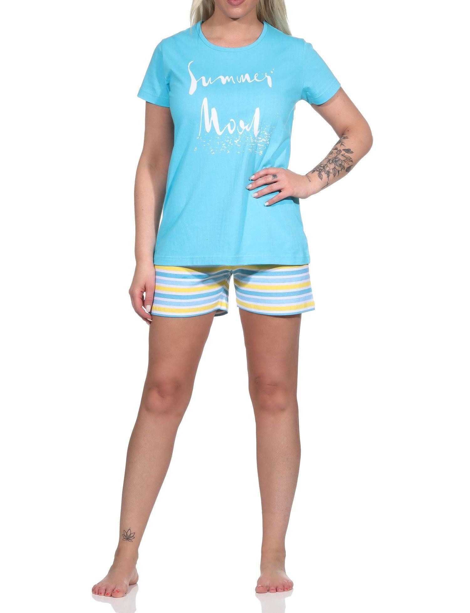 RELAX by Normann Pyjama Damen Shorty kurzarm Pyjama mit Front-Print und Ringel-Optik