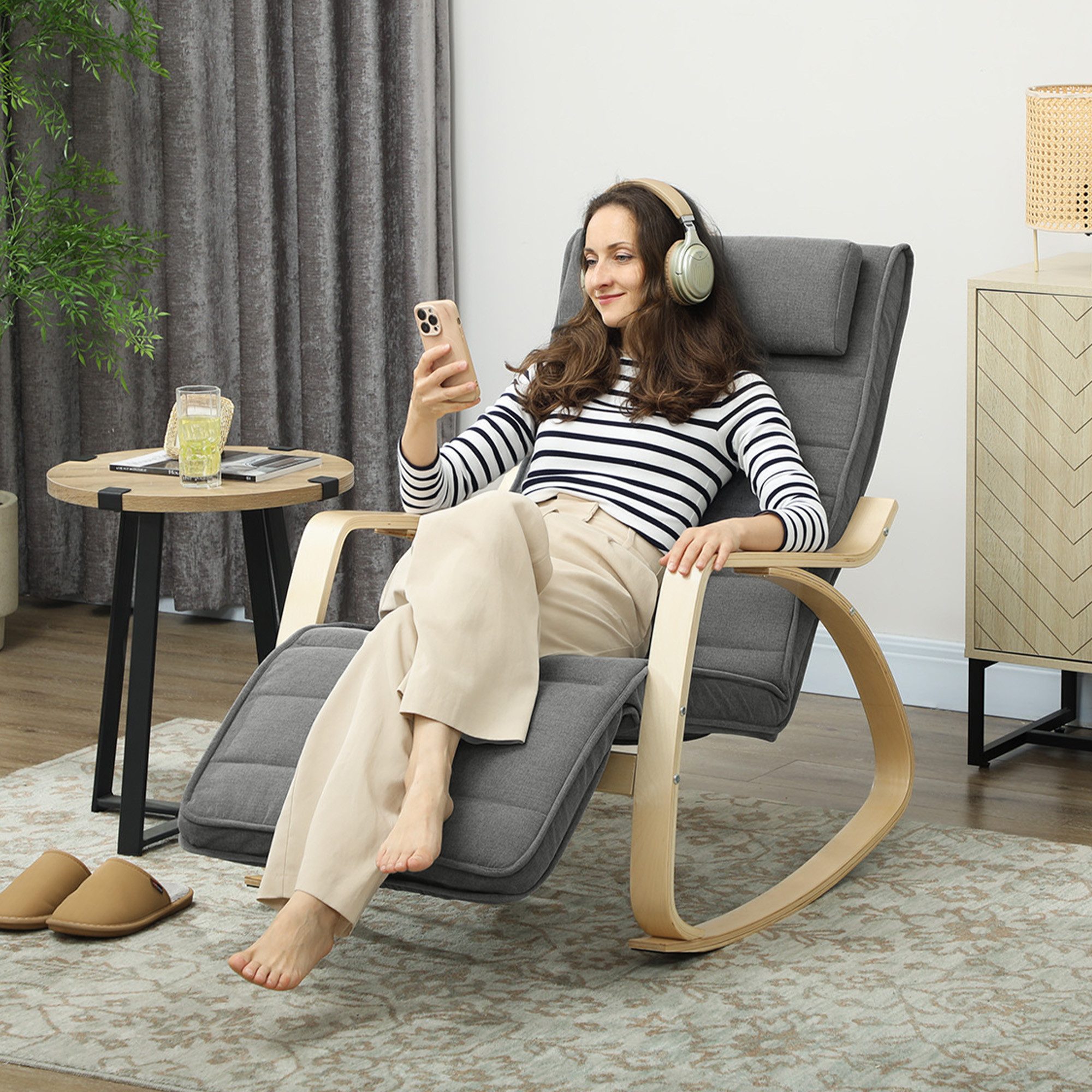 HOMCOM Schaukelstuhl Schaukelsessel mit Massagefunktion, Heizung, Kopfstütze, Fußstütze (Lesesessel, 1 St), Schwingsessel für Wohnzimmer, Schlafzimmer, Grau