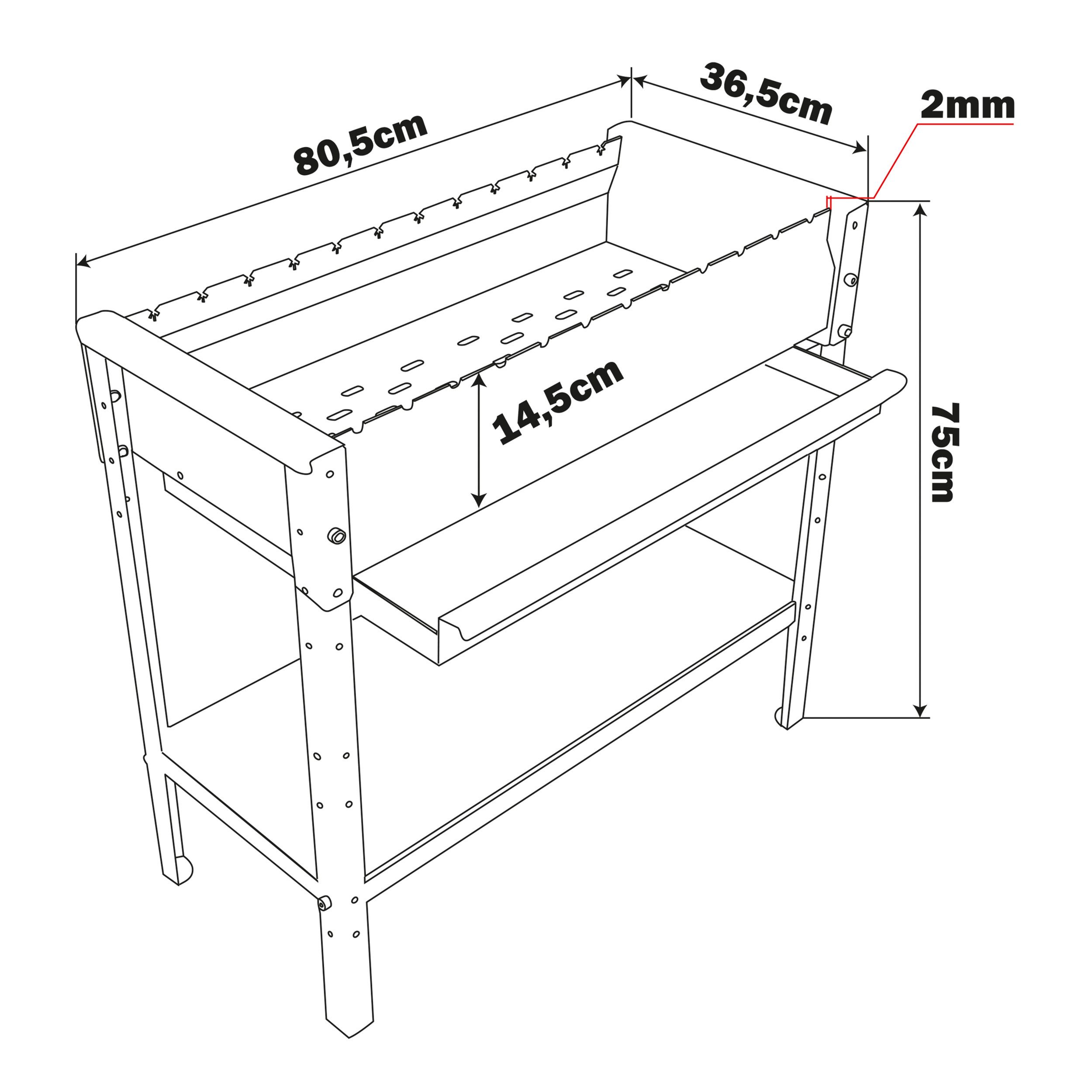 KVOTA Holzkohlegrill Mangal Holzkohlegrill 80cm 2mm Stahl mit 12 Spießauflagen & Ablage, Ablagefach, ausziebare Ascheablage