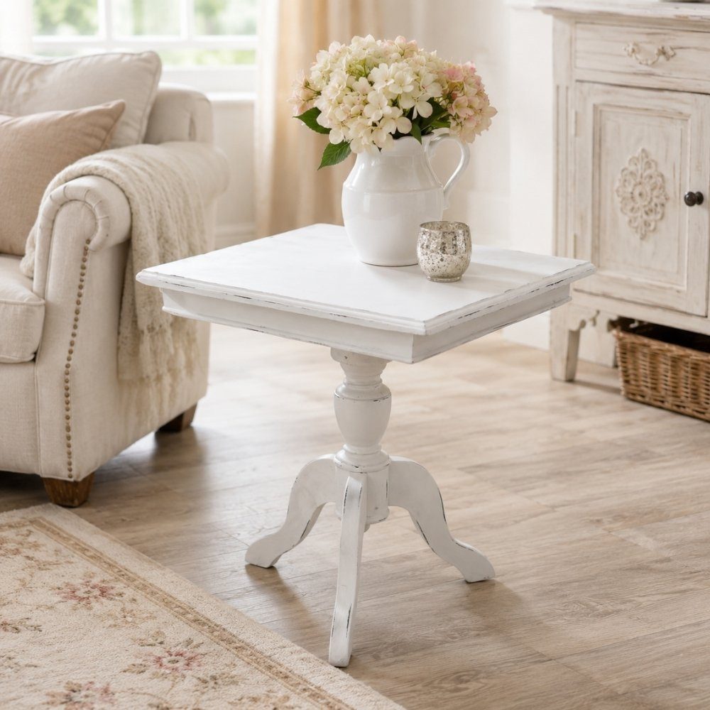 LebensWohnArt Beistelltisch Massivholz Landhaus Beistelltisch TIGA 60cm antik-weiss Shabby Chic