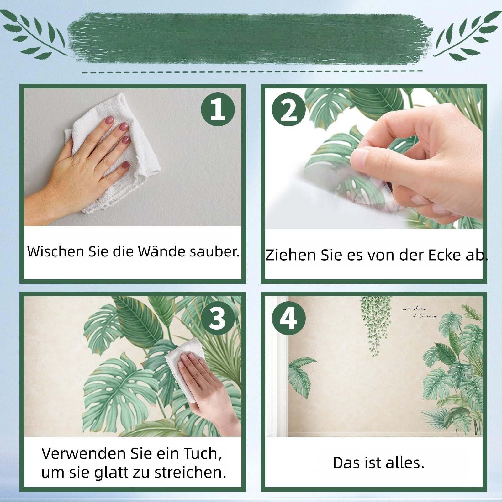 FOUORTUNATE-BEE Wandtattoo Tropische Pflanzen Wandaufkleber für Wohnzimmer & Schlafzimmer, Selbstklebende Wandsticker mit grünen Blättern für Dschungel-Dekor