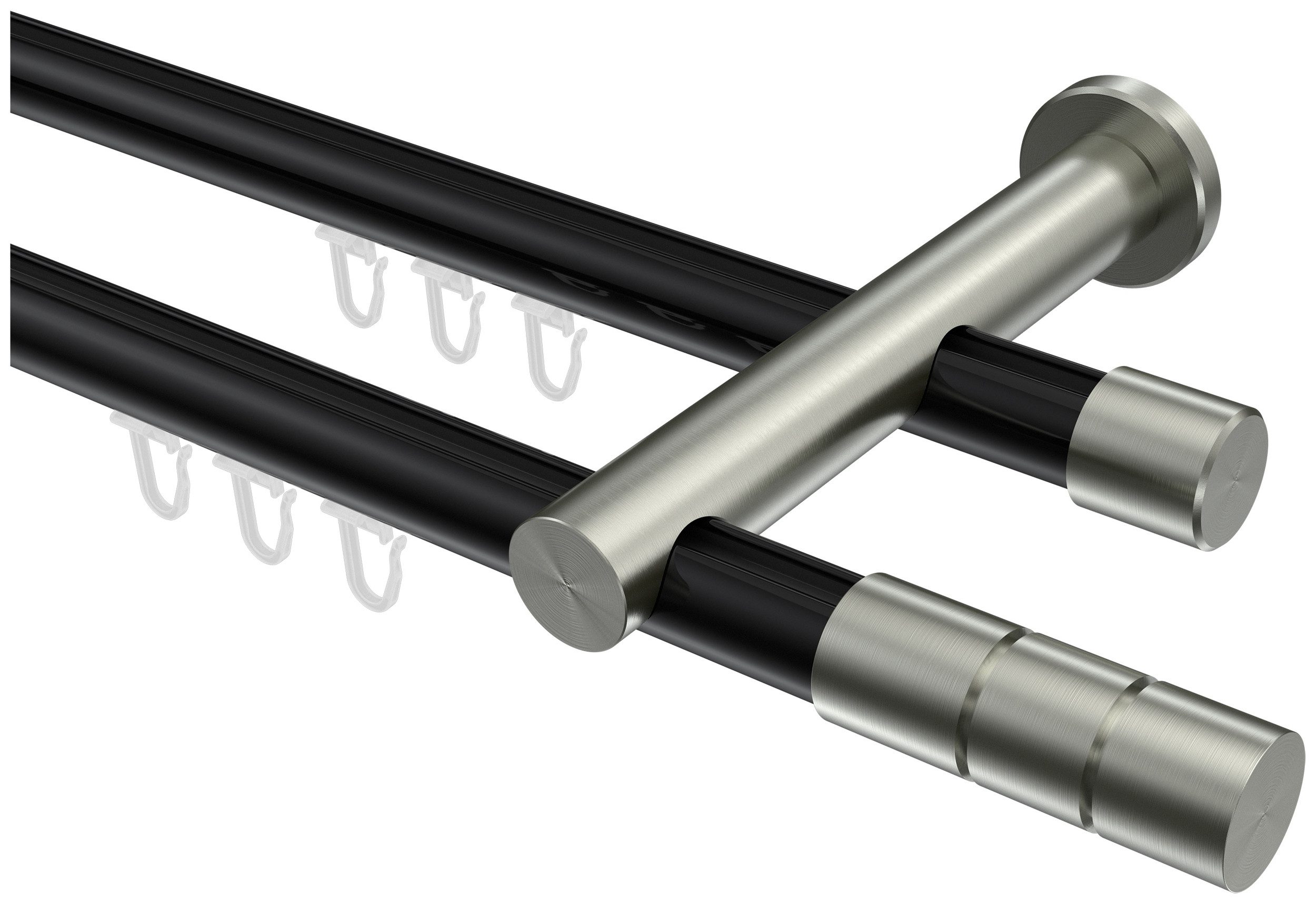 INTERDECO Innenlaufschiene Platon Elanto, Ø 20 mm, 2-läufig, Fixmaß, kürzbar, Wandmontage, Aluminium, Schwarz / Edelstahl-Optik / Bicolor