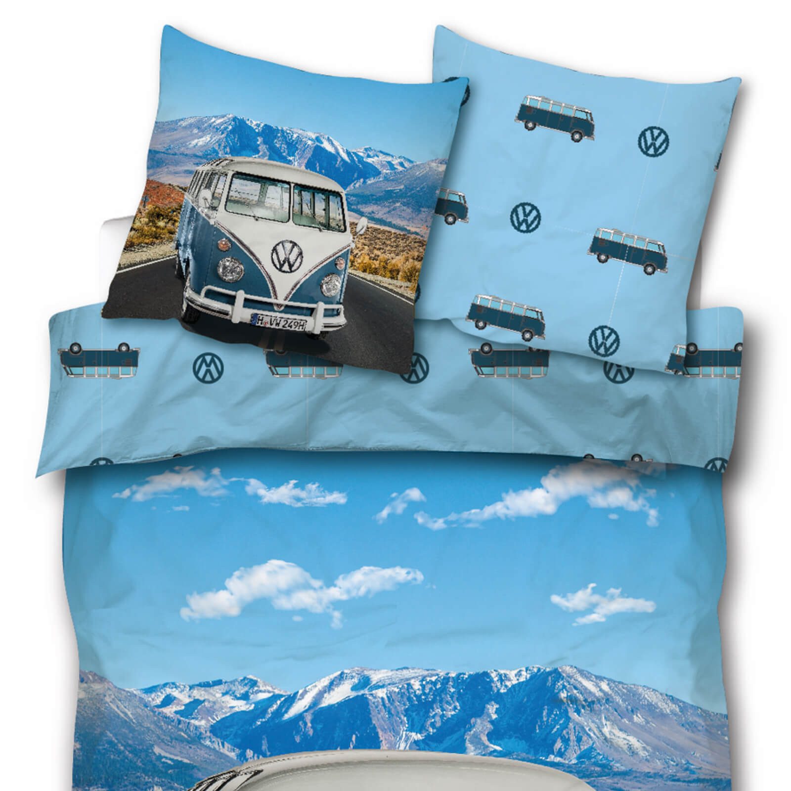 SkyBrands Bettwäsche VW Bulli T1 Panorama, Renforcé, 2 teilig, Berge, Alpen, Oldtimer, Automarke