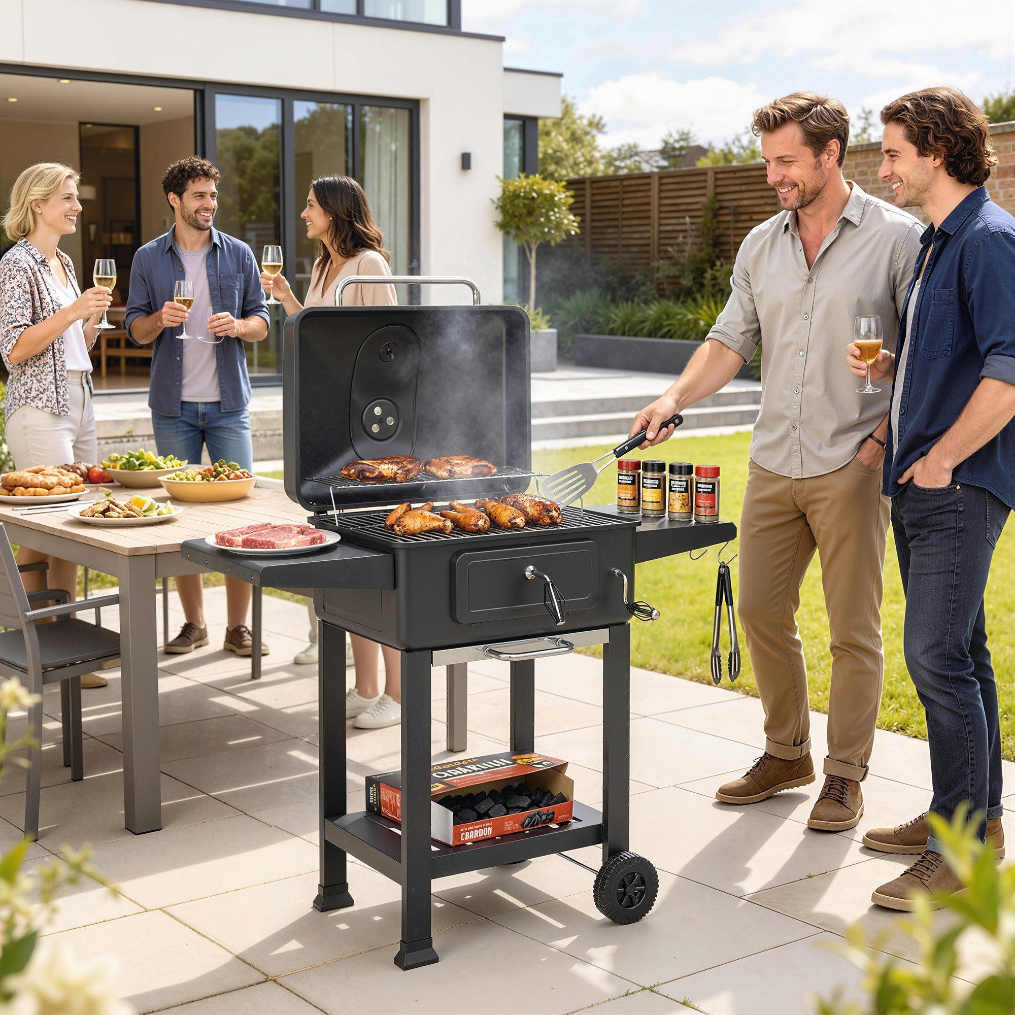 MC Star Holzkohlegrill Holzkohlegrill, tragbarer Smoker mit Belüftung, Thermometer und Seitenablagen, Schwarz