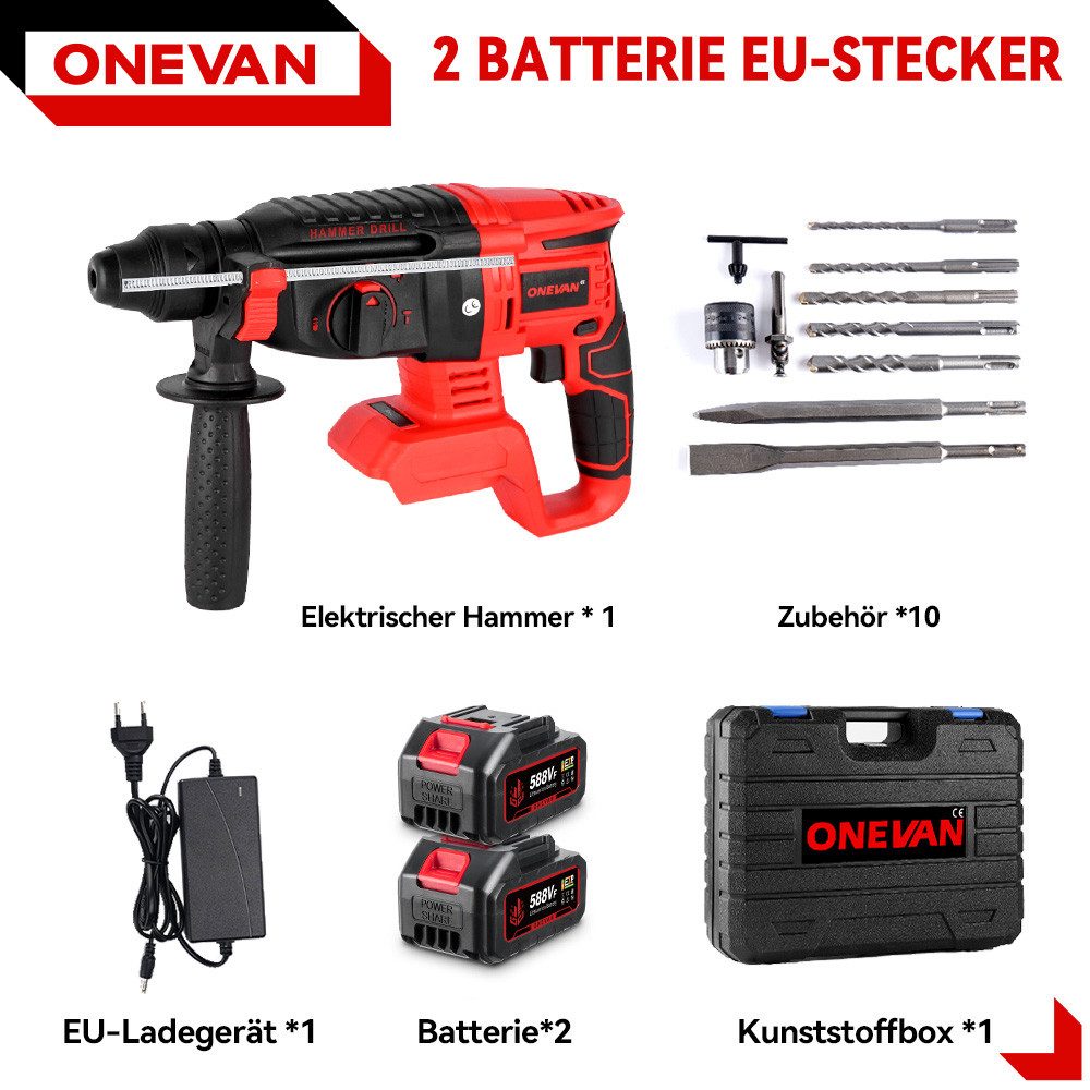 ONEVAN Akku-Bohrhammer Bürstenloser Schlagbohrmaschine 4-in-1 Akku günstig online kaufen