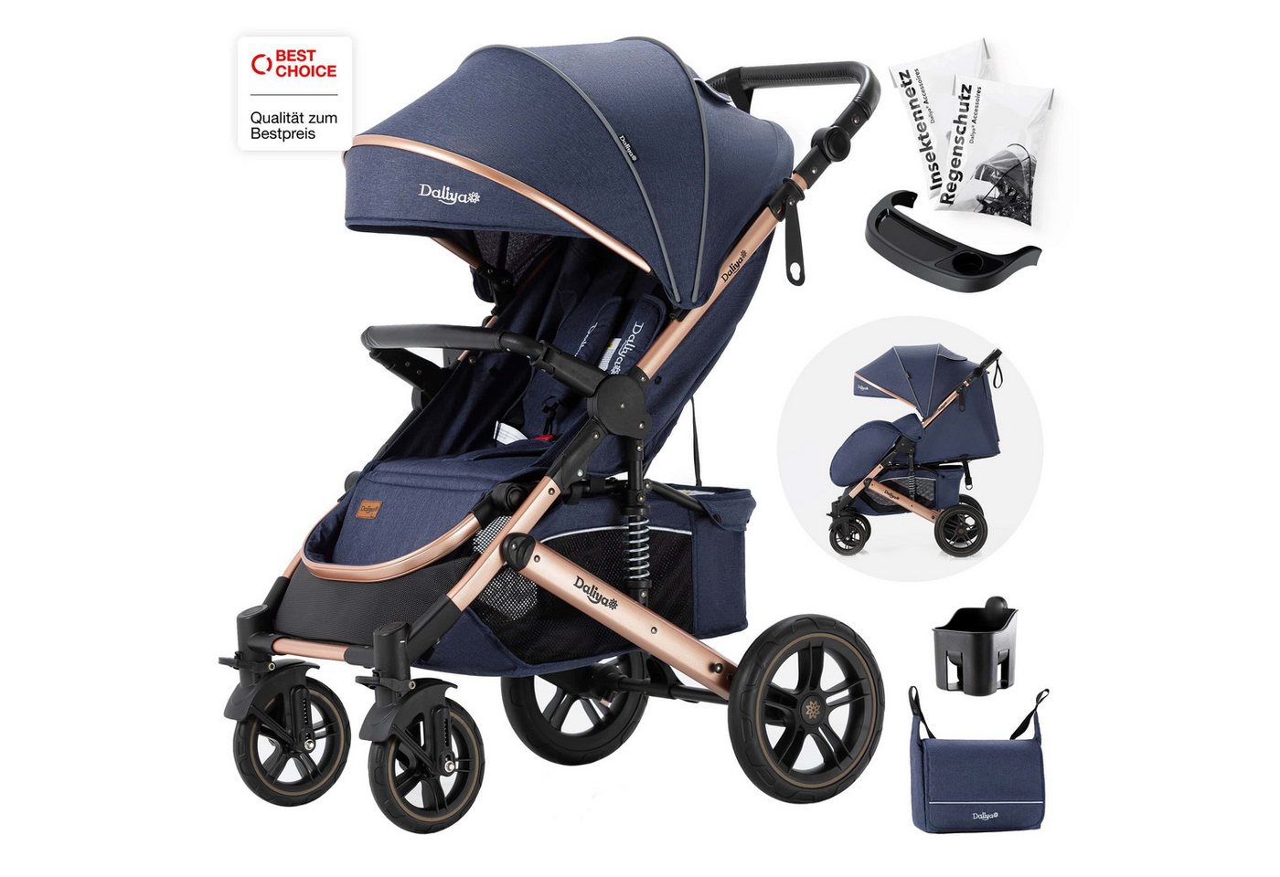 Daliya® Kinder-Buggy RAPIDY Buggy Kinderwagen, XXL Set, kompakt, Kinderbuggy, Sportwagen, (XXL 10-tlg. Komplettset, 10-tlg), Liegeposition, Fußsack, Spieltisch, Wickeltasche, Regenverdeck