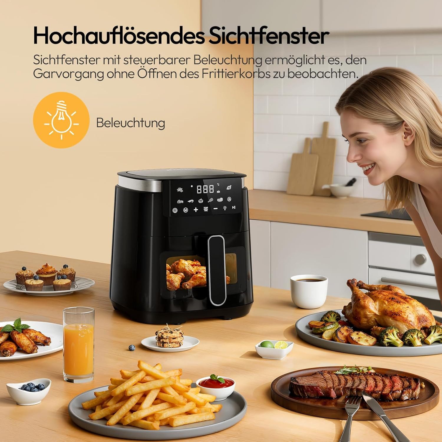 LLIVEKIT Heißluftfritteuse, 1250 W, 5.5L für 2–4 Personen 8-in-1 mit Sichtfenster & Beleuchtung