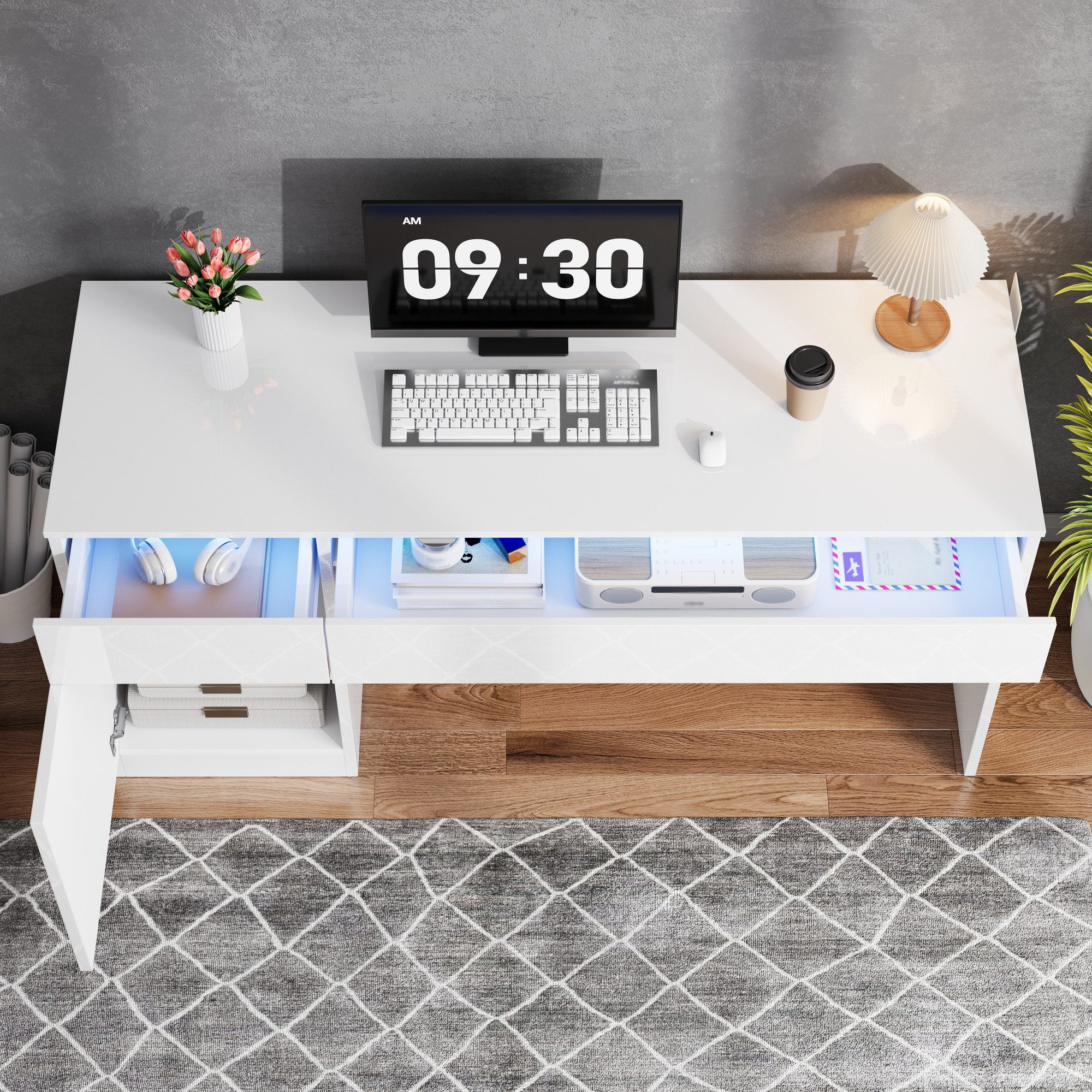 Flieks Schreibtisch Computertisch Arbeitstisch Bürotisch mit LED-Beleuchtung (120x50x78 cm, 1-St., 1 Tisch), Multifunktionstisch mit 2 Schublade und 1 Türen hoc – Bild 3 von 5