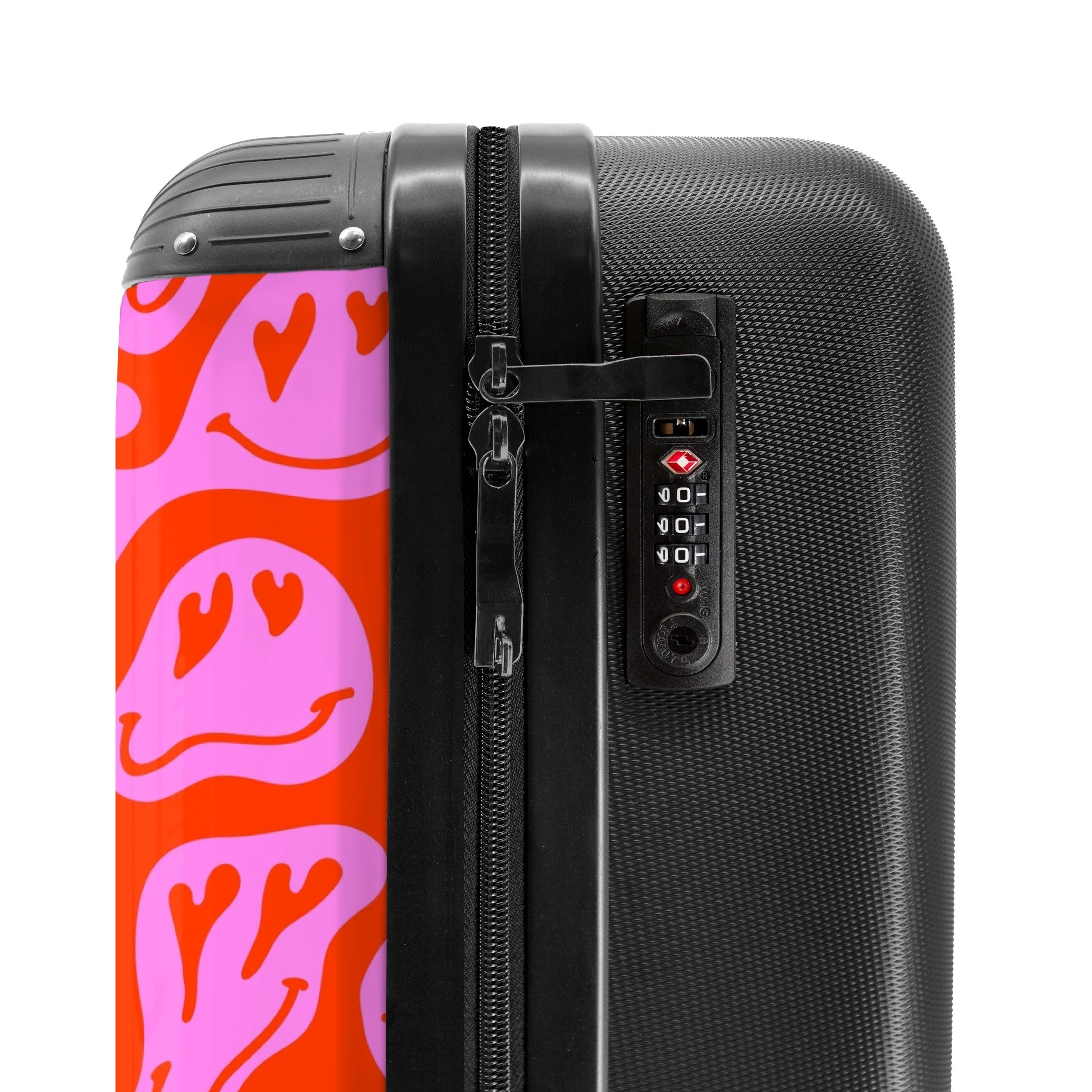NoBoringSuitcases.com© Hartschalen-Trolley Abstrakte Smiley-Figuren mit Herzaugen auf rot und rosa 55x35x20cm, 4 Rollen, Handgepäck Koffer & Trolleys, Luggage, Reisekoffer Frauen