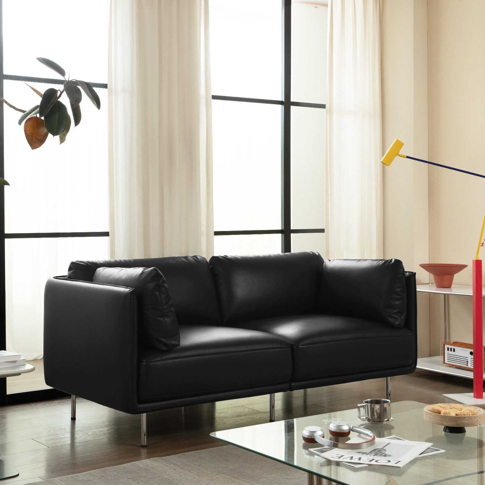 Woltu Sofa, aus Leder, im Bauhaus-Stil, Couch mit 18 cm hohen Füßen